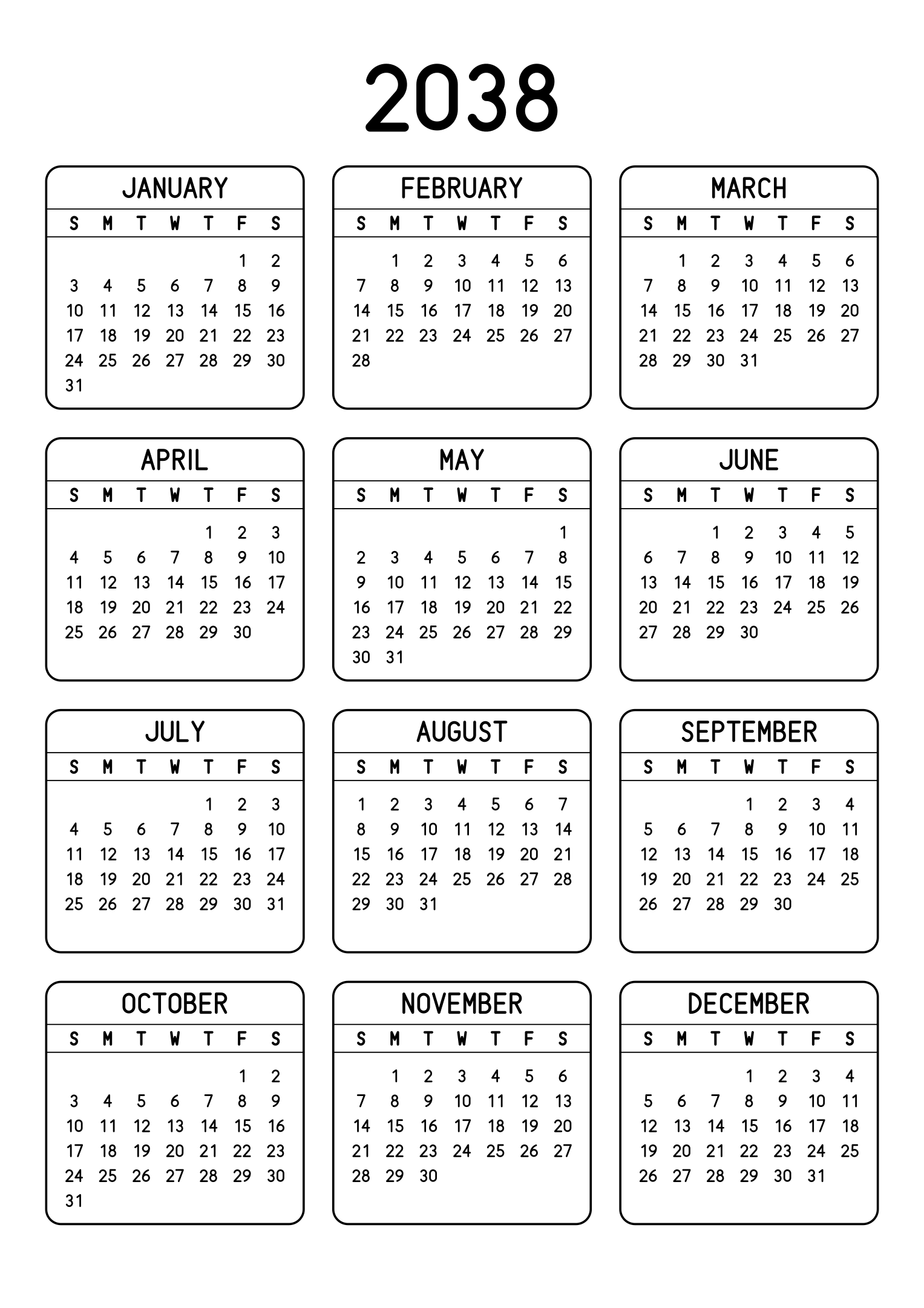 The twelve months of 2038 on one page, each month inside a rounded frame, three months across and four rows, read in portrait. Design: Framed, Vertical.