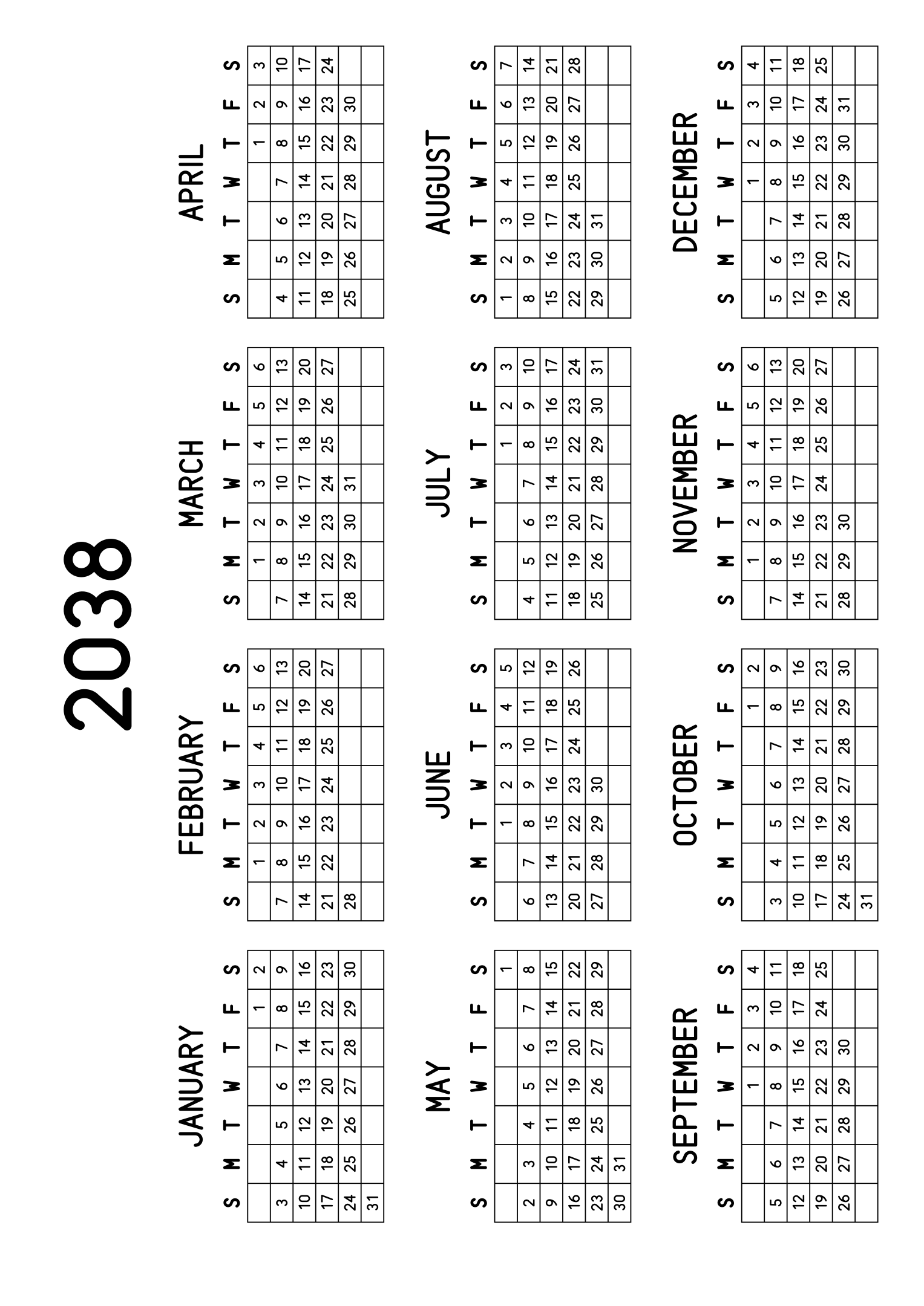 The twelve months of 2038 on one page, every day in its own cell, the weeks drawn as a grid, four months across and three rows, read in landscape once the sheet is turned. Design: Grid, Horizontal.