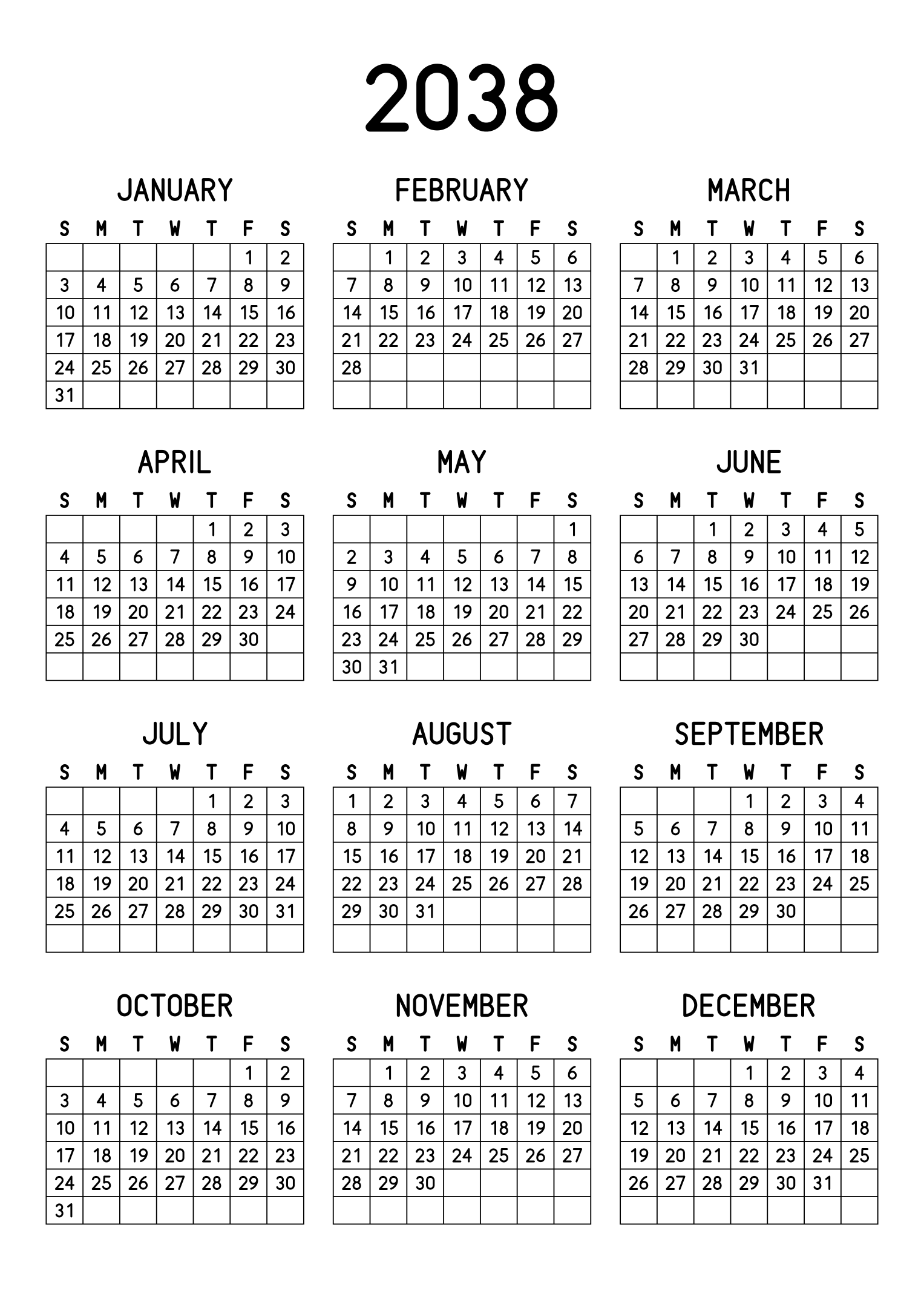 The twelve months of 2038 on one page, every day in its own cell, the weeks drawn as a grid, three months across and four rows, read in portrait. Design: Grid, Vertical.