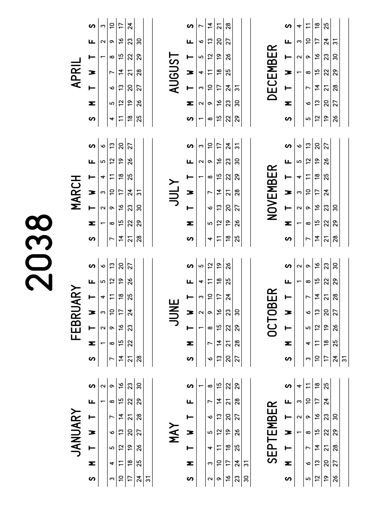 The twelve months of 2038 on one page, a fine line under each week, like a planner, four months across and three rows, read in landscape once the sheet is turned. Design: Lined, Horizontal.