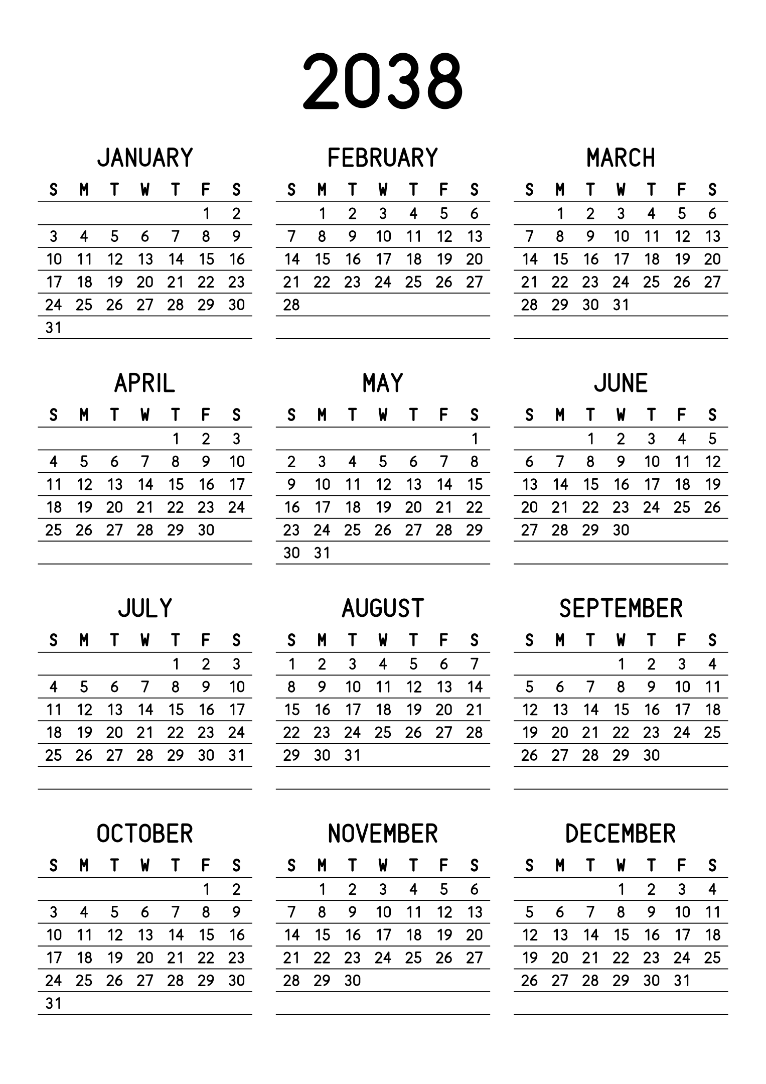 The twelve months of 2038 on one page, a fine line under each week, like a planner, three months across and four rows, read in portrait. Design: Lined, Vertical.