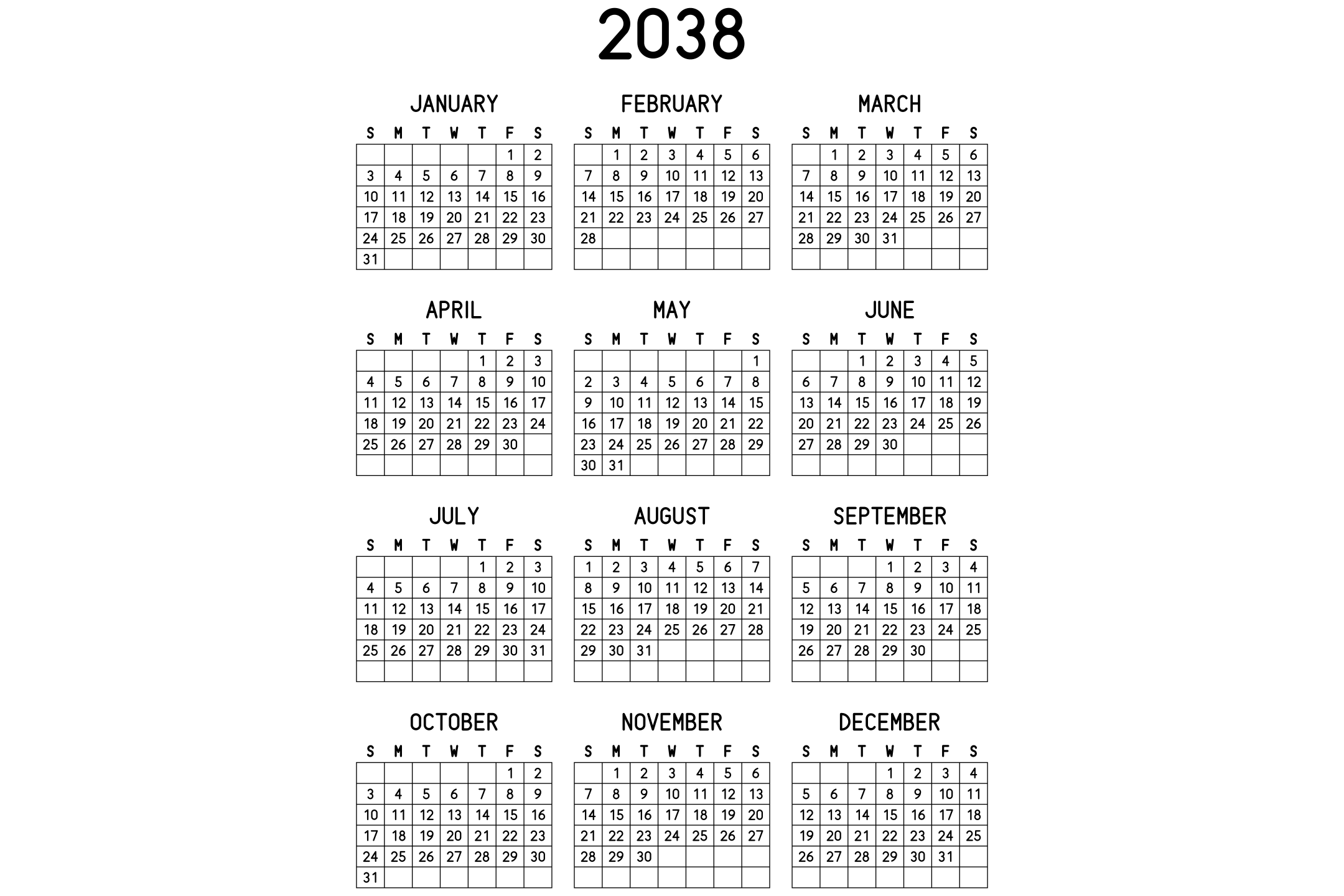 A printable 2038 calendar with the twelve months on one page, in black and white.