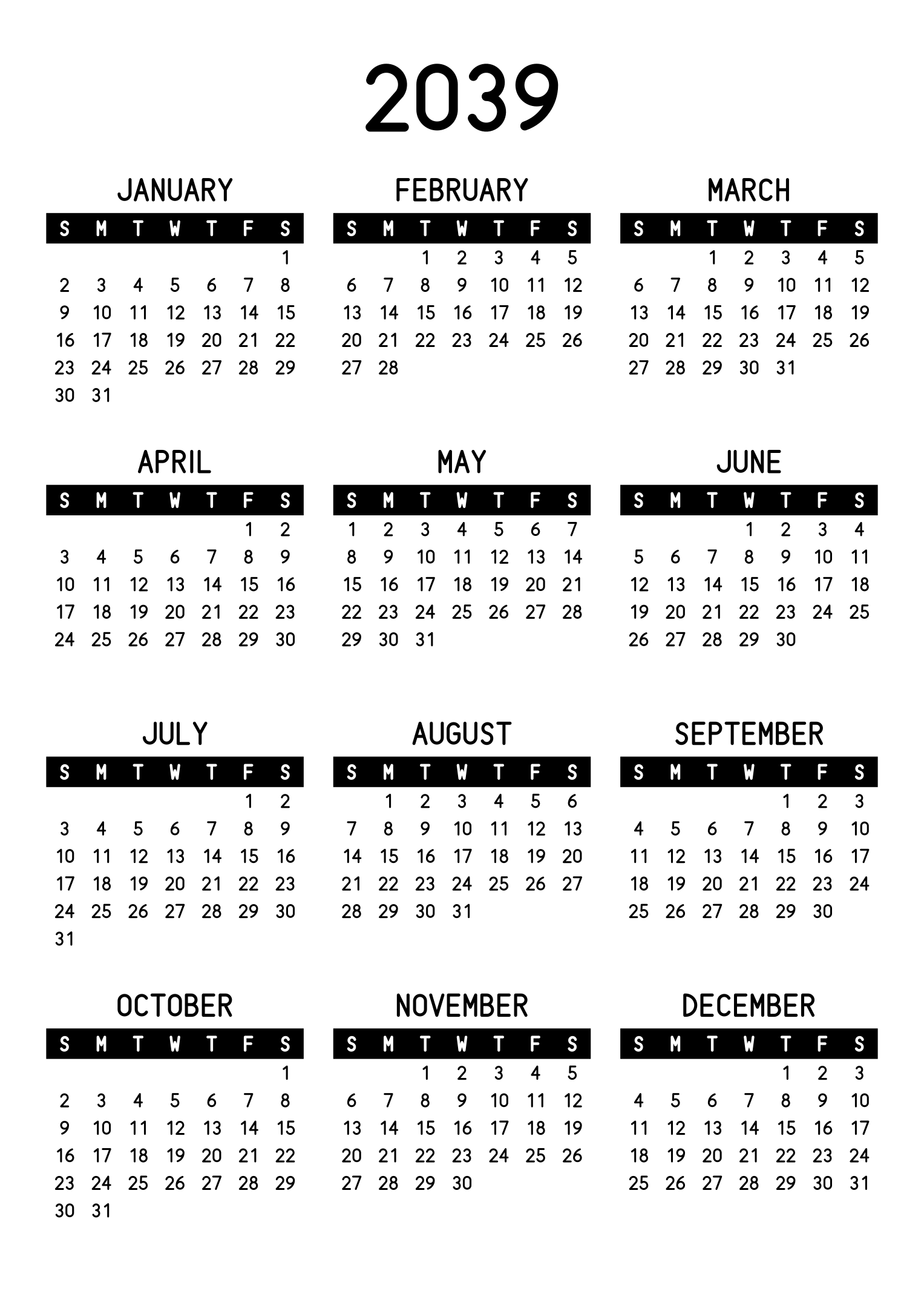 The twelve months of 2039 on one page, the days of the week in white on a black band, three months across and four rows, read in portrait. Design: Banded, Vertical.