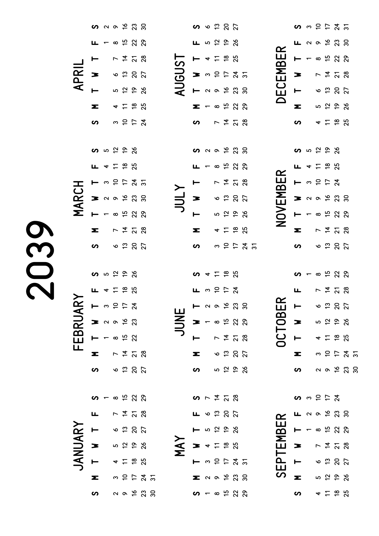 The twelve months of 2039 on one page, the dates set in clean rows, with no lines at all, four months across and three rows, read in landscape once the sheet is turned. Design: Classic, Horizontal.