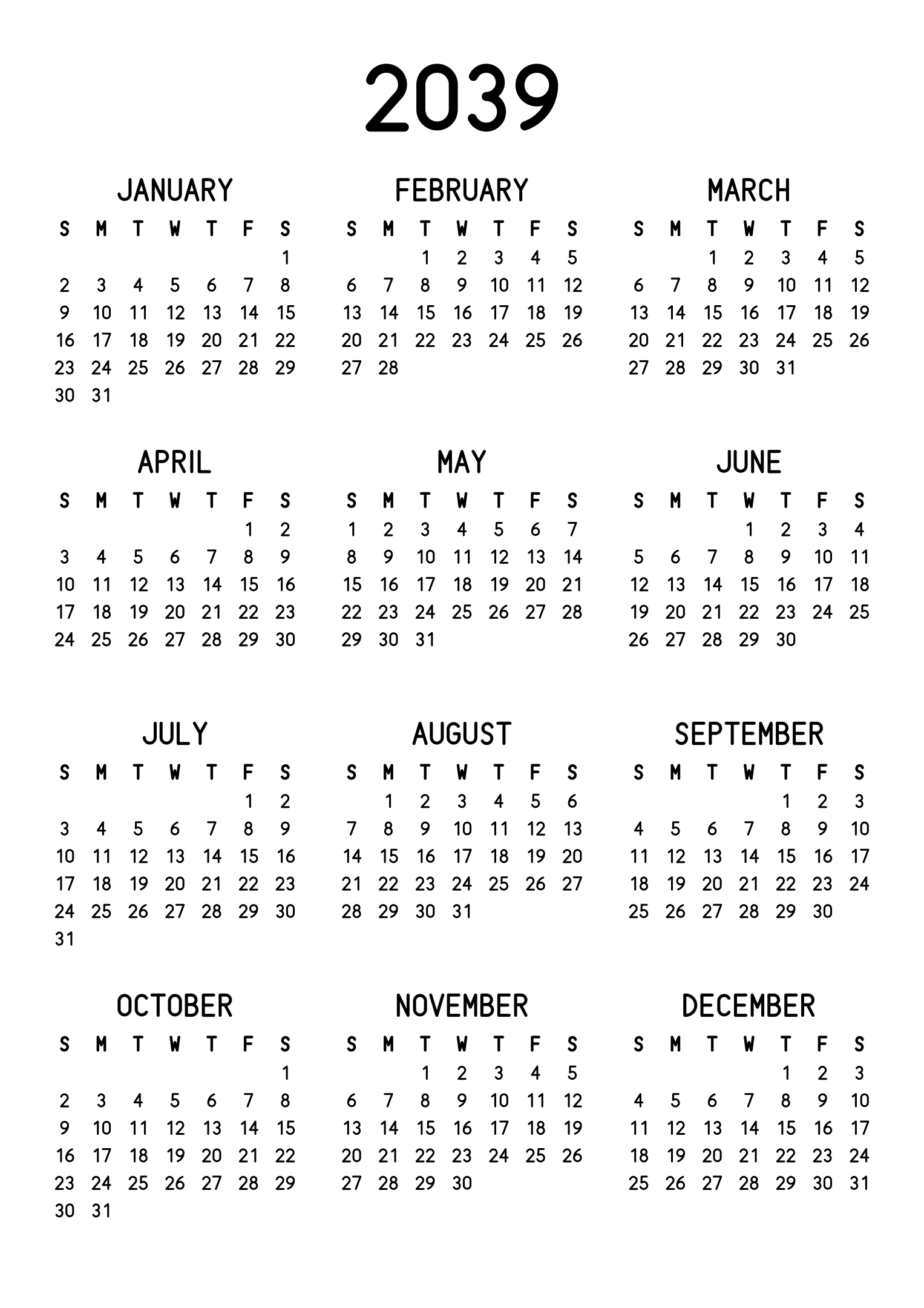 The twelve months of 2039 on one page, the dates set in clean rows, with no lines at all, three months across and four rows, read in portrait. Design: Classic, Vertical.
