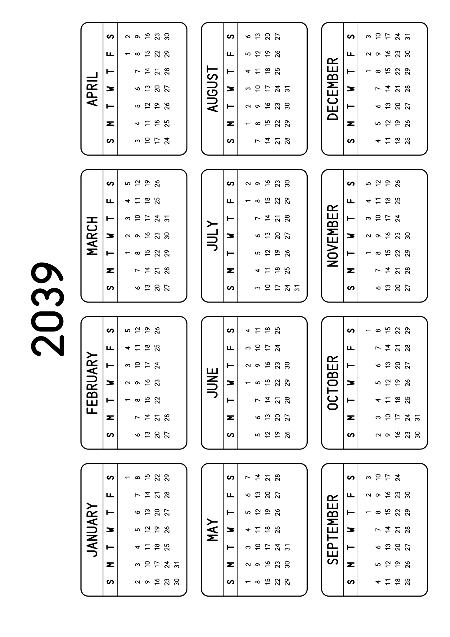 The twelve months of 2039 on one page, each month inside a rounded frame, four months across and three rows, read in landscape once the sheet is turned. Design: Framed, Horizontal.