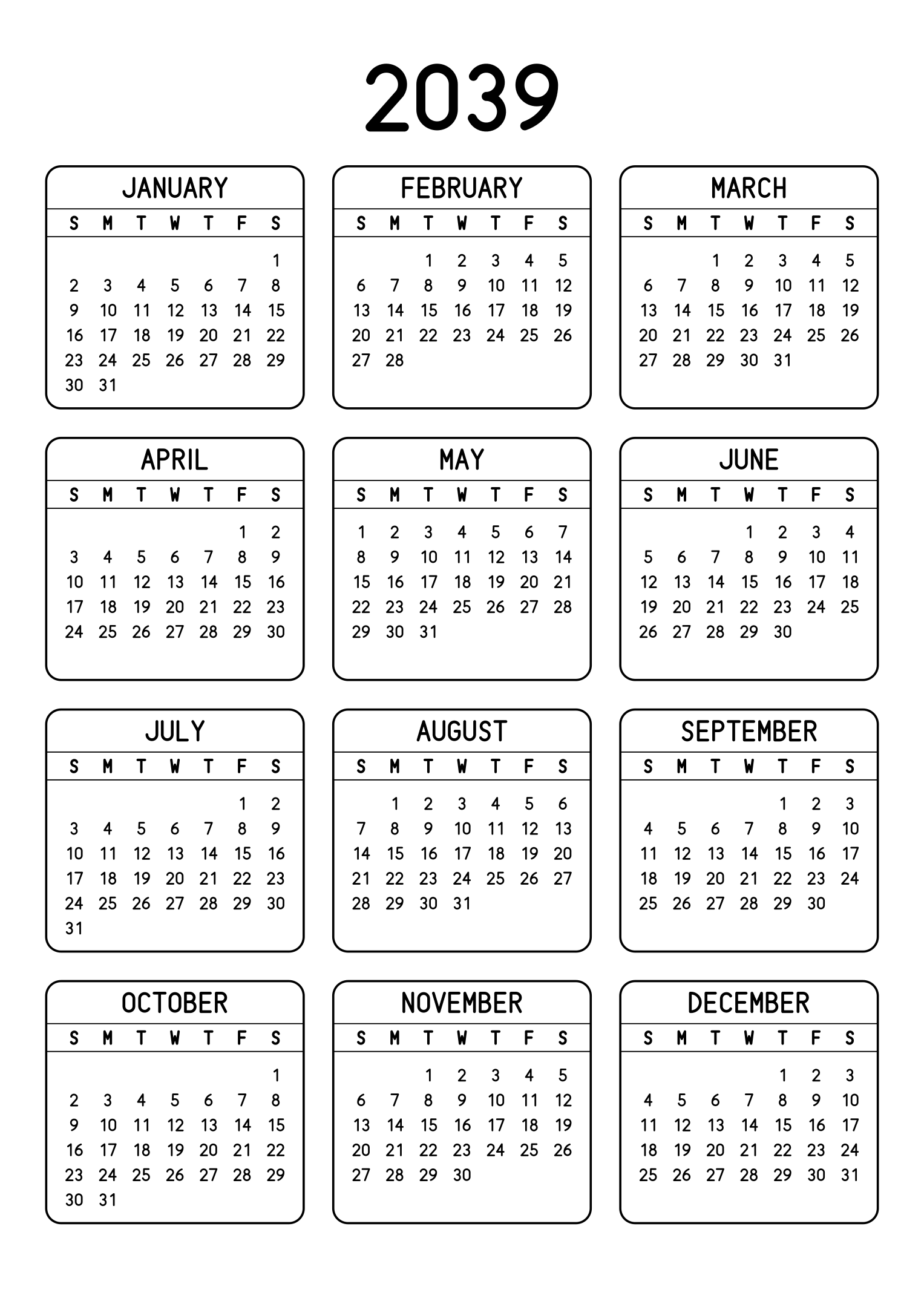 The twelve months of 2039 on one page, each month inside a rounded frame, three months across and four rows, read in portrait. Design: Framed, Vertical.