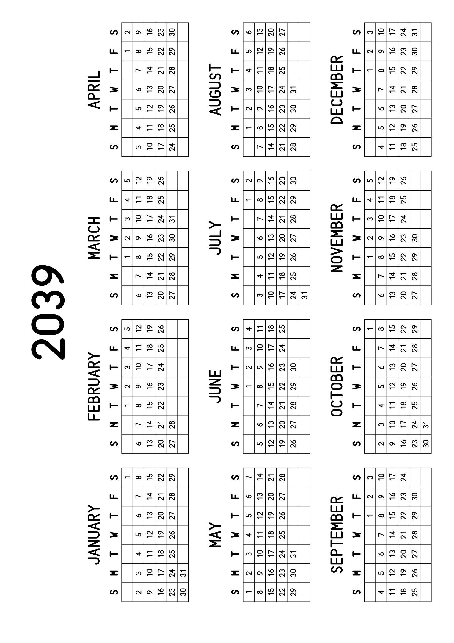 The twelve months of 2039 on one page, every day in its own cell, the weeks drawn as a grid, four months across and three rows, read in landscape once the sheet is turned. Design: Grid, Horizontal.