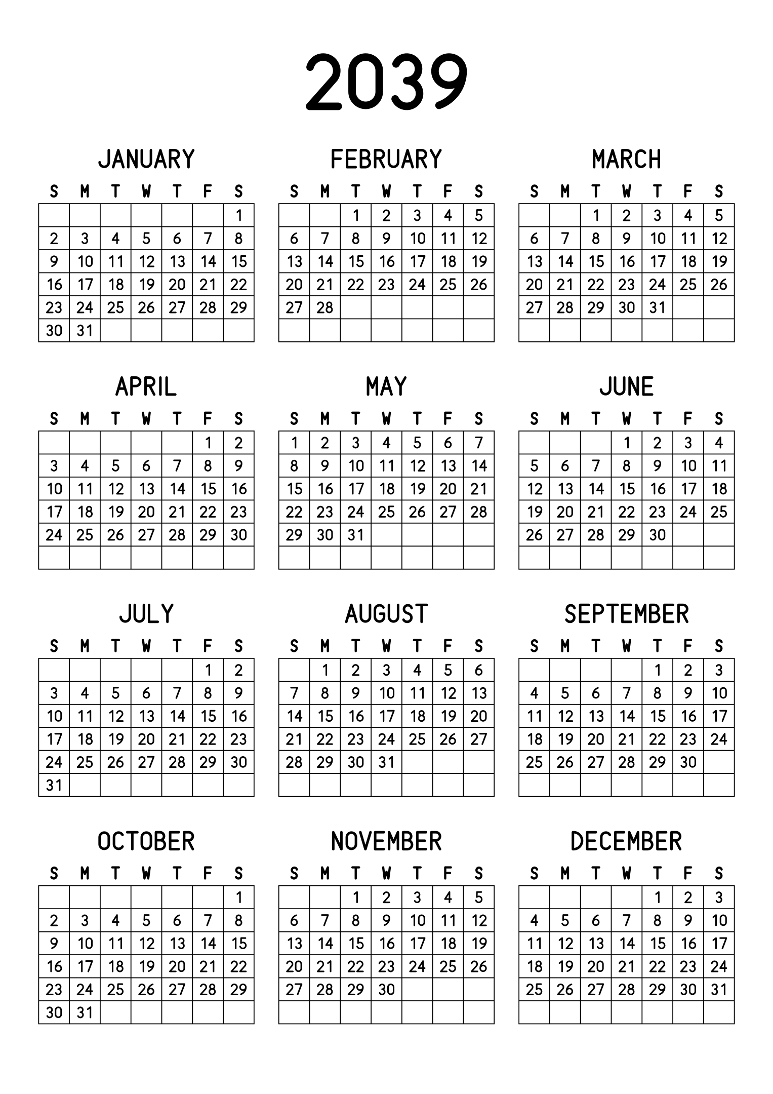 The twelve months of 2039 on one page, every day in its own cell, the weeks drawn as a grid, three months across and four rows, read in portrait. Design: Grid, Vertical.