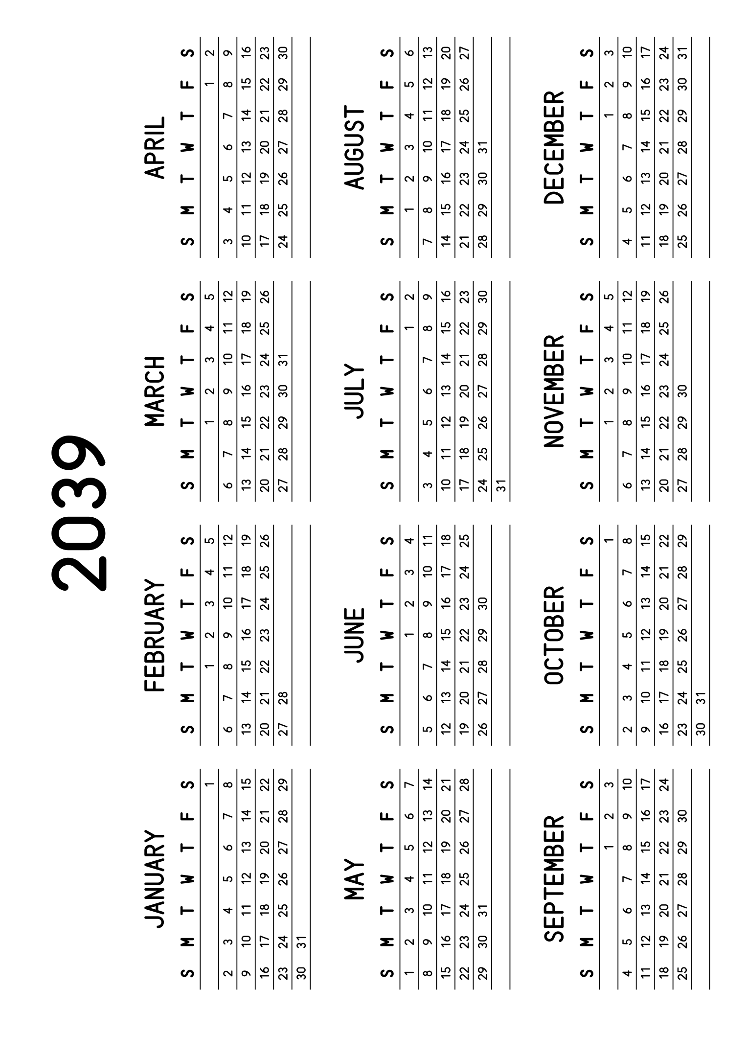 The twelve months of 2039 on one page, a fine line under each week, like a planner, four months across and three rows, read in landscape once the sheet is turned. Design: Lined, Horizontal.