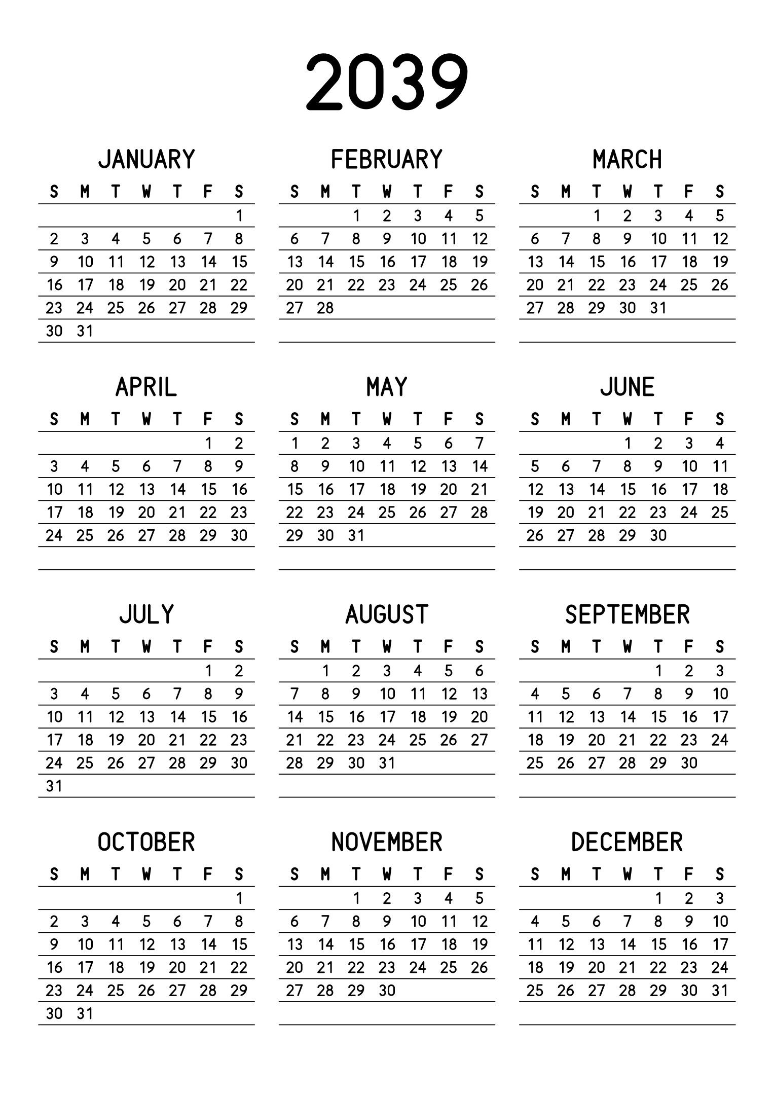 The twelve months of 2039 on one page, a fine line under each week, like a planner, three months across and four rows, read in portrait. Design: Lined, Vertical.
