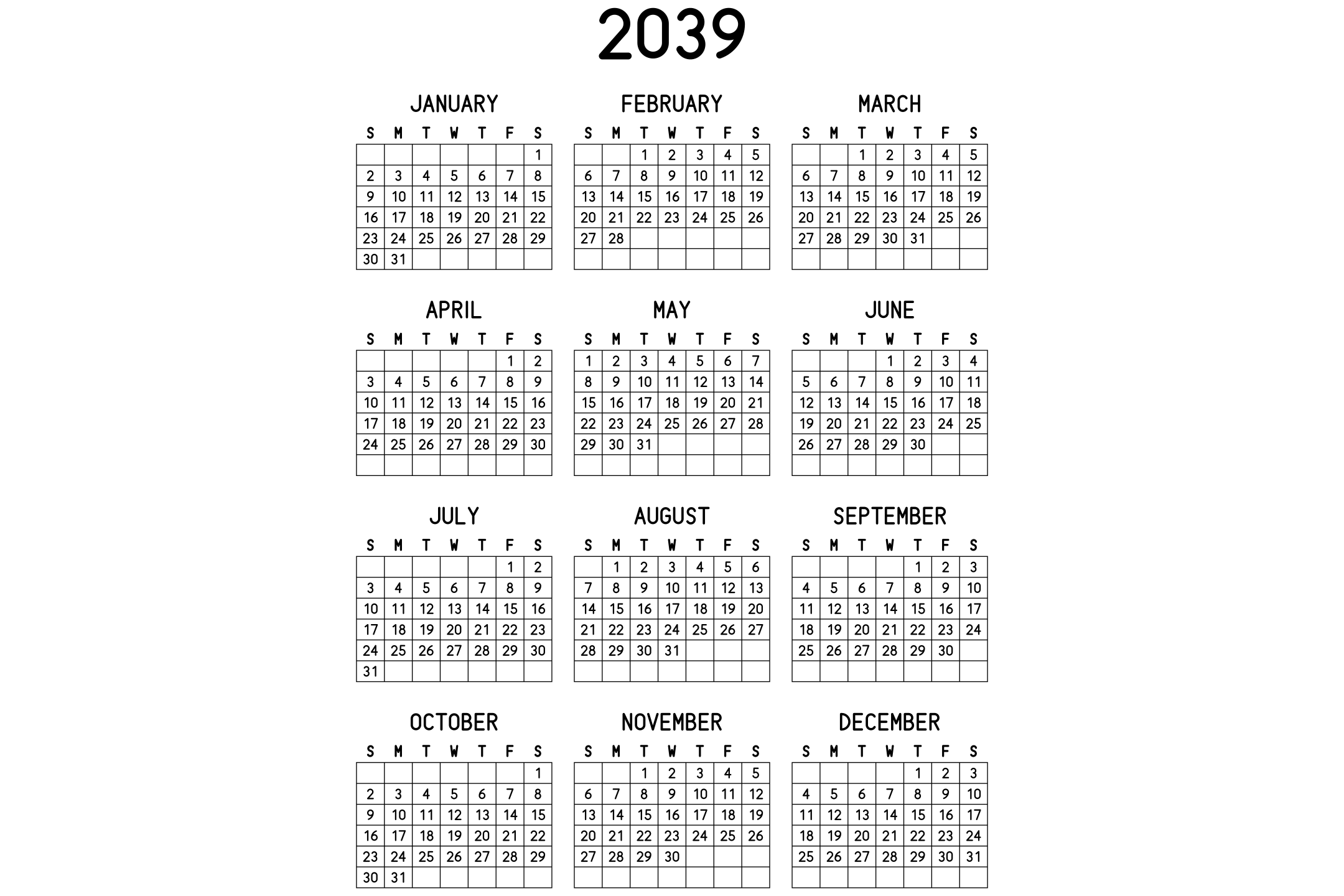 A printable 2039 calendar with the twelve months on one page, in black and white.
