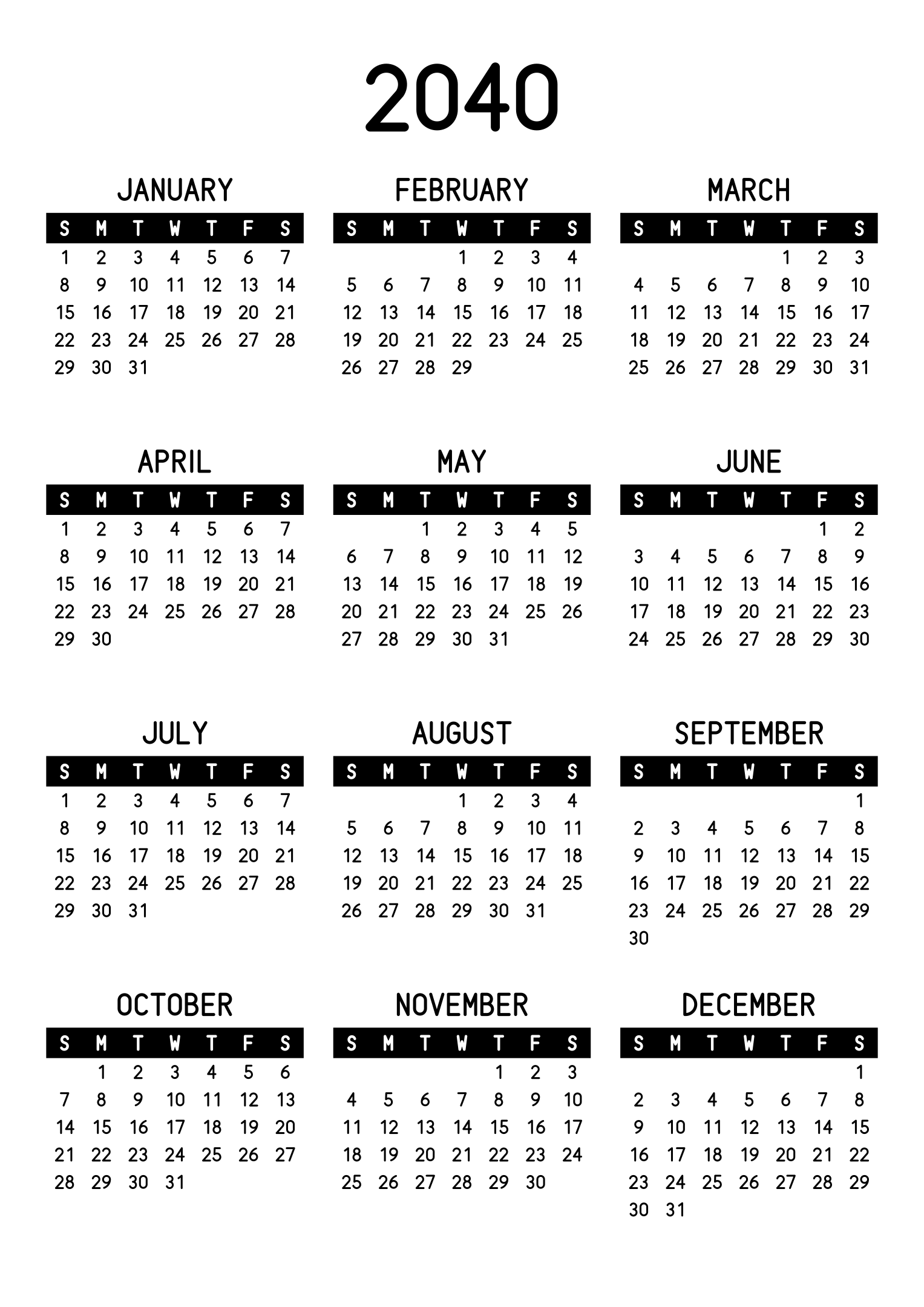 The twelve months of 2040 on one page, the days of the week in white on a black band, three months across and four rows, read in portrait. Design: Banded, Vertical.