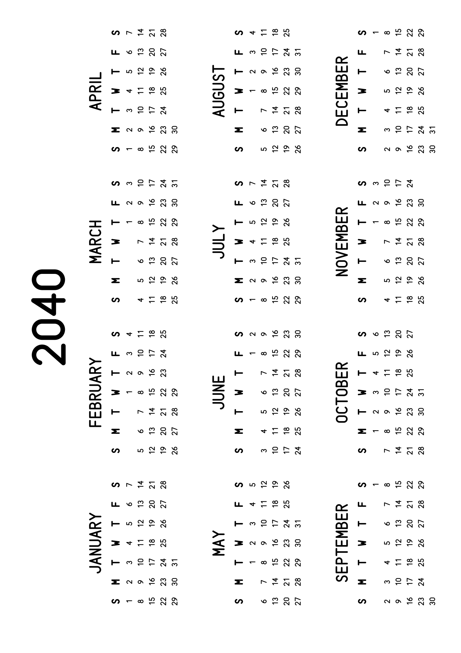 The twelve months of 2040 on one page, the dates set in clean rows, with no lines at all, four months across and three rows, read in landscape once the sheet is turned. Design: Classic, Horizontal.
