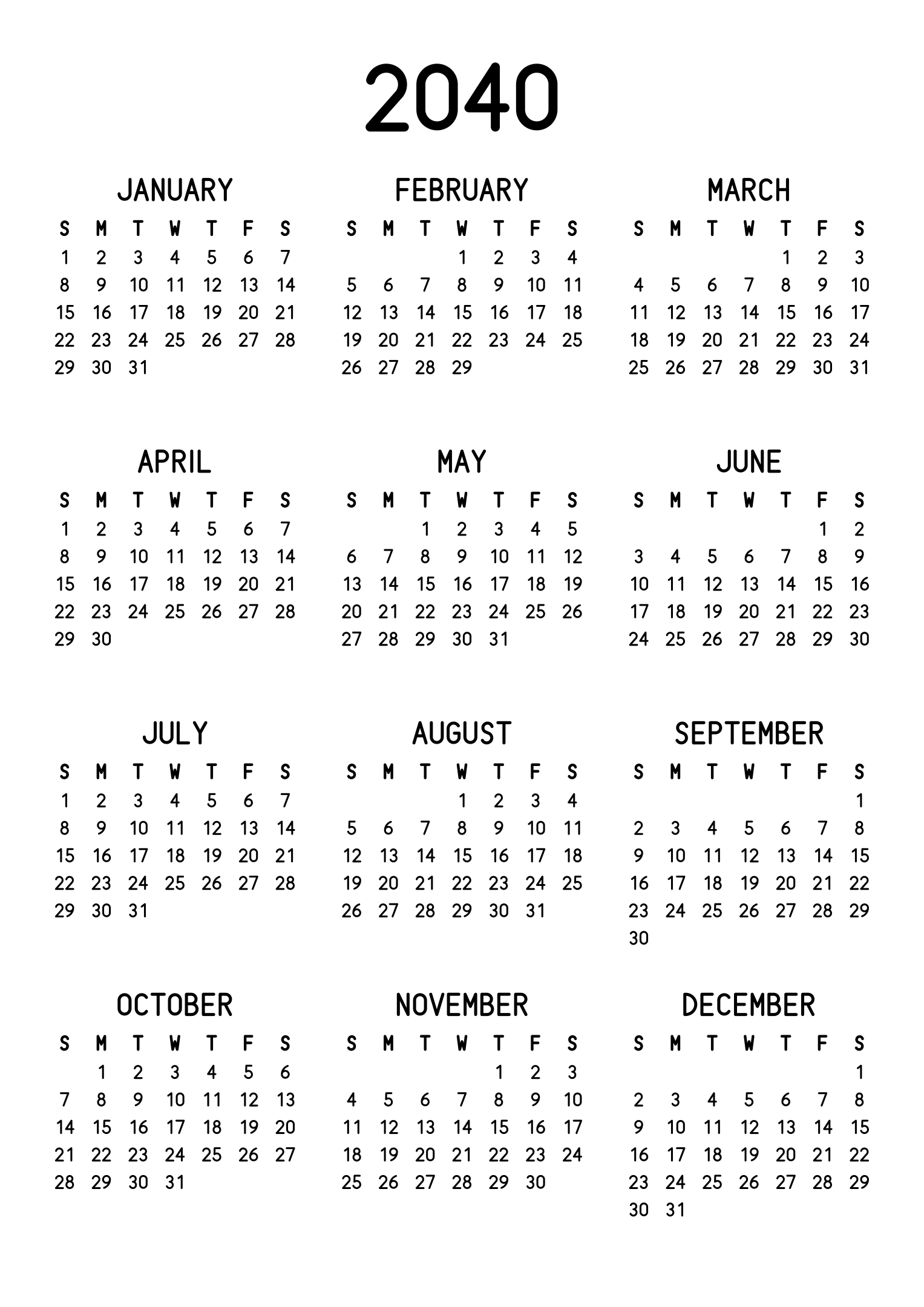The twelve months of 2040 on one page, the dates set in clean rows, with no lines at all, three months across and four rows, read in portrait. Design: Classic, Vertical.
