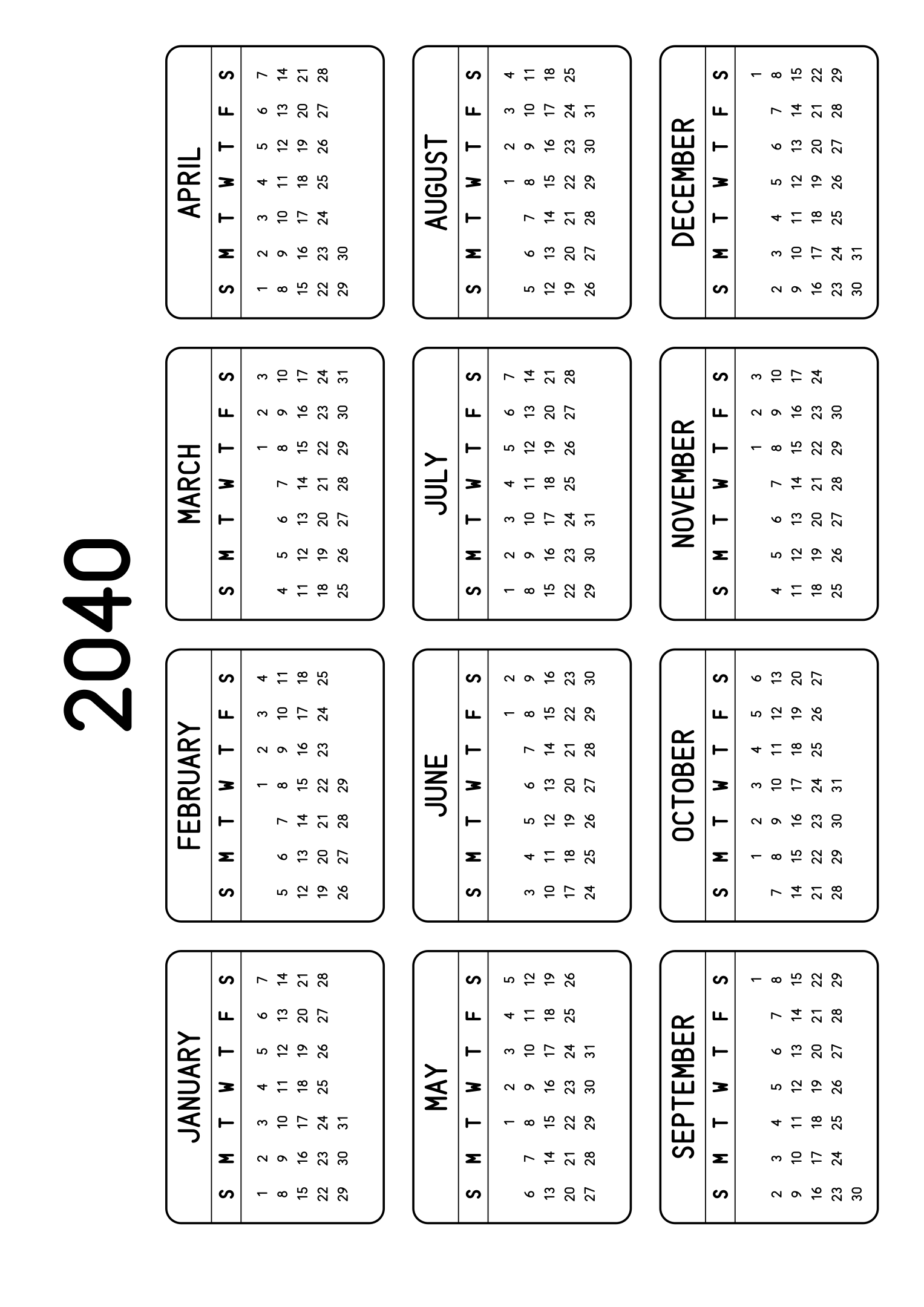 The twelve months of 2040 on one page, each month inside a rounded frame, four months across and three rows, read in landscape once the sheet is turned. Design: Framed, Horizontal.