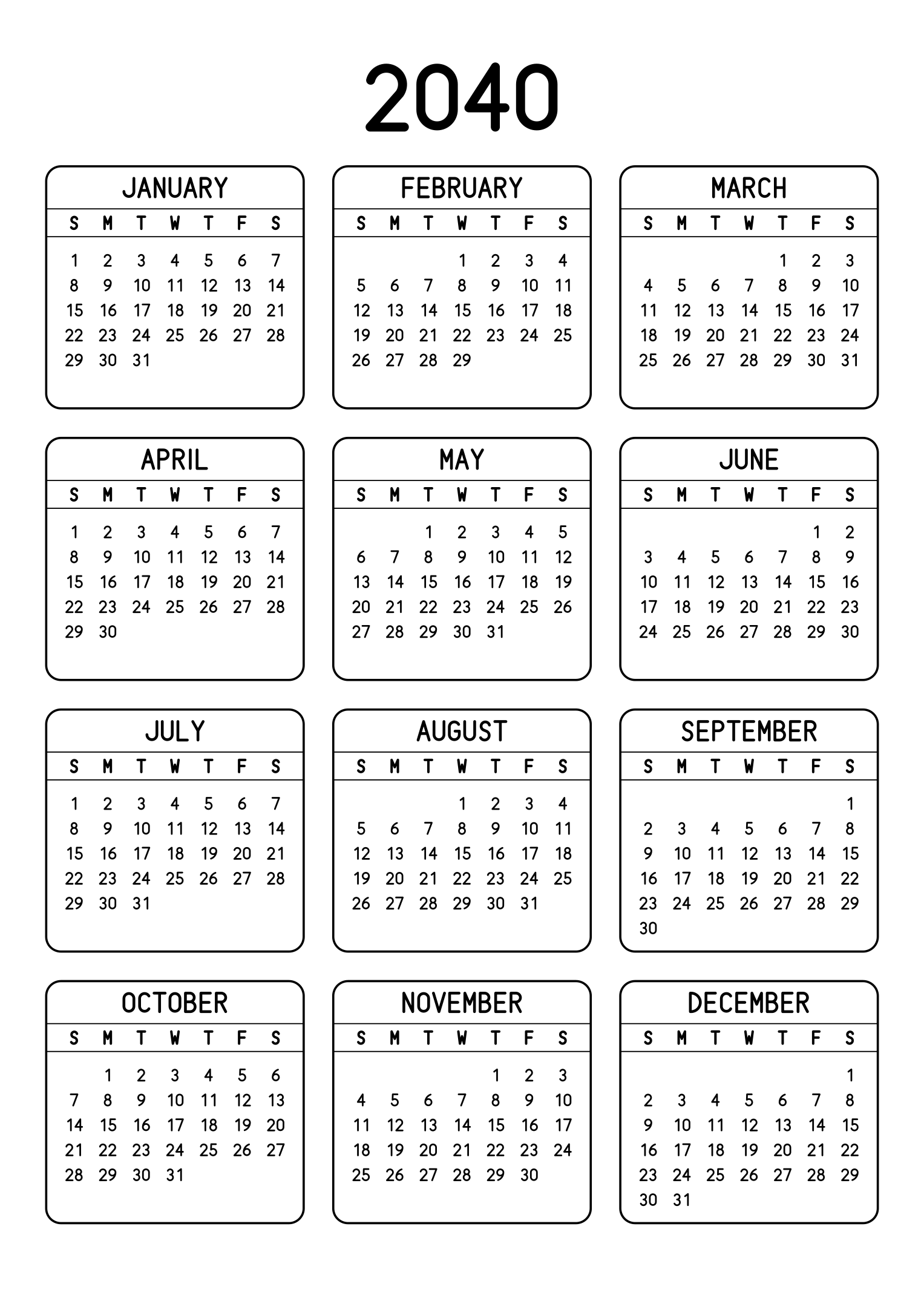 The twelve months of 2040 on one page, each month inside a rounded frame, three months across and four rows, read in portrait. Design: Framed, Vertical.