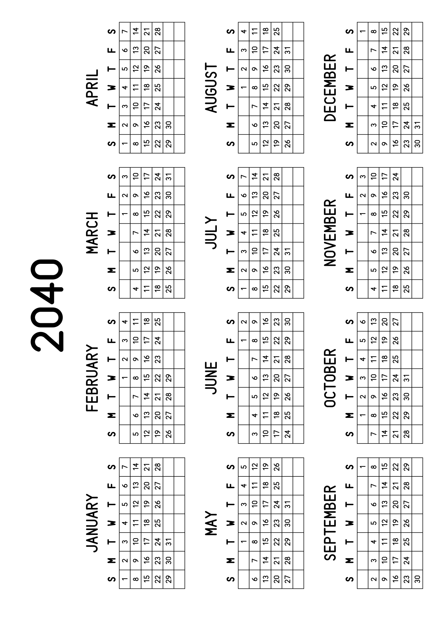 The twelve months of 2040 on one page, every day in its own cell, the weeks drawn as a grid, four months across and three rows, read in landscape once the sheet is turned. Design: Grid, Horizontal.
