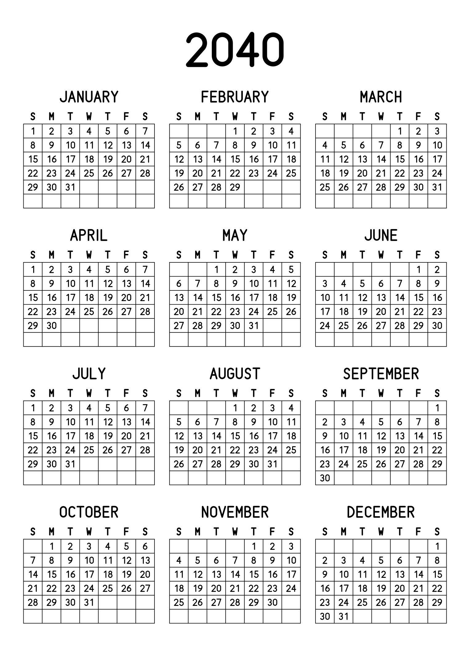 The twelve months of 2040 on one page, every day in its own cell, the weeks drawn as a grid, three months across and four rows, read in portrait. Design: Grid, Vertical.