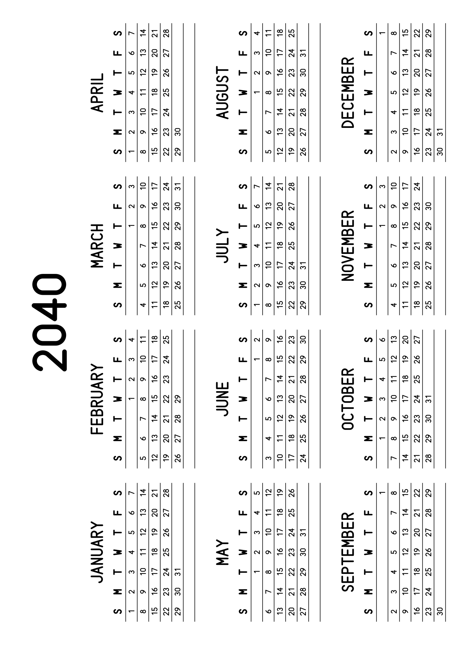 The twelve months of 2040 on one page, a fine line under each week, like a planner, four months across and three rows, read in landscape once the sheet is turned. Design: Lined, Horizontal.