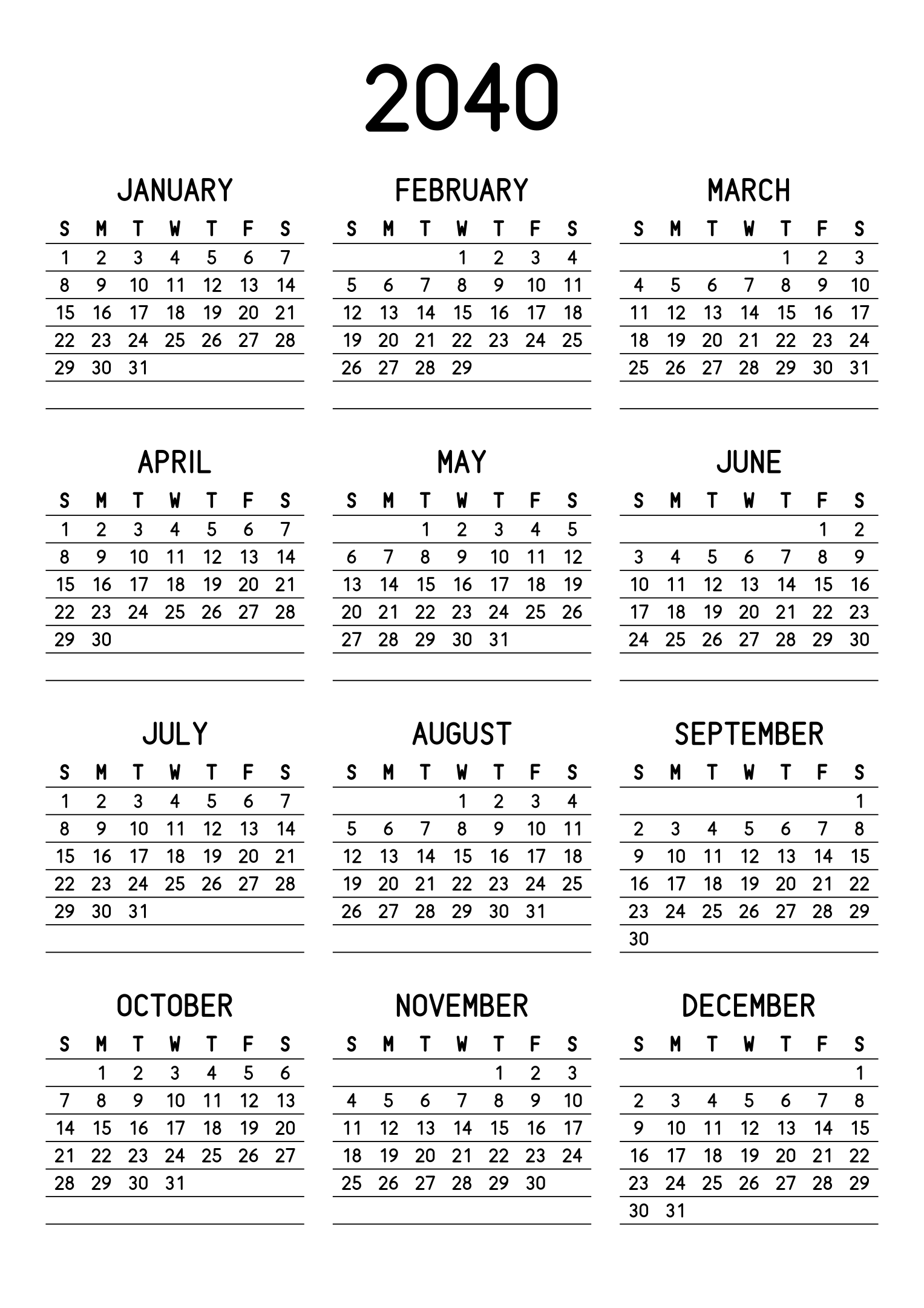 The twelve months of 2040 on one page, a fine line under each week, like a planner, three months across and four rows, read in portrait. Design: Lined, Vertical.