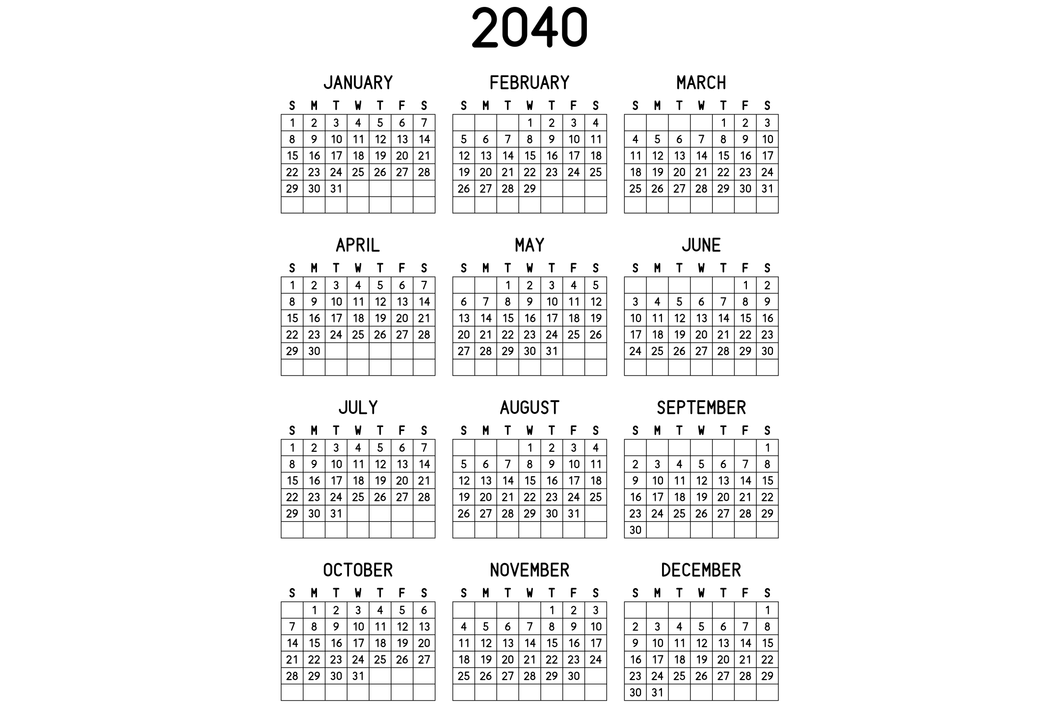 A printable 2040 calendar with the twelve months on one page, in black and white.