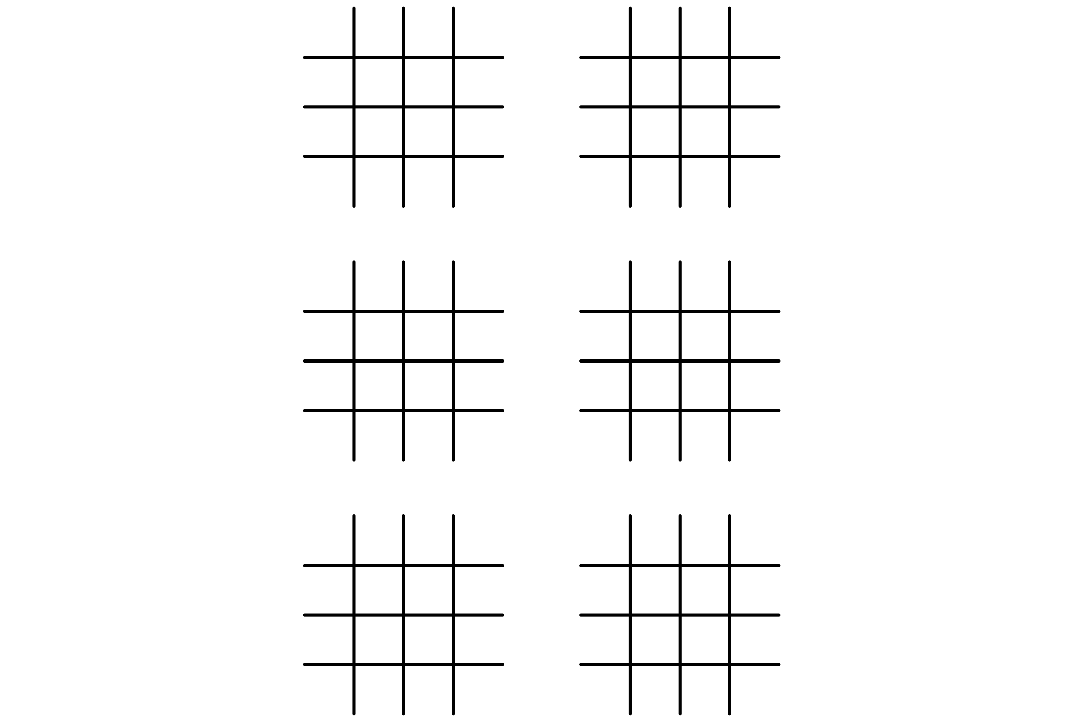 A page of empty 4x4 tic tac toe boards with thick inner lines.