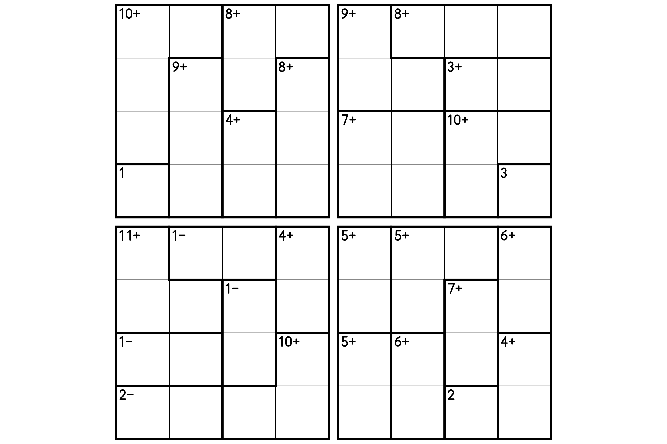 A sheet of four 4x4 calcudoku grids with thick cage outlines and their targets, in black on white.