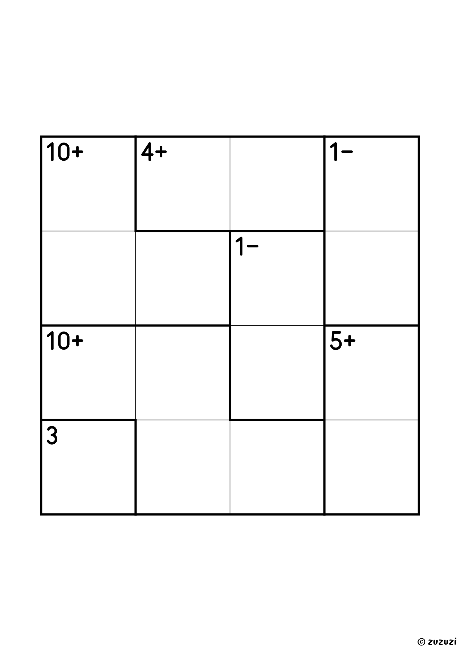 Intermediate 4x4 calcudoku with addition and subtraction cages, outlined with thick lines, and no given numbers. Digits 1 to 4, one solution. Variant 1.