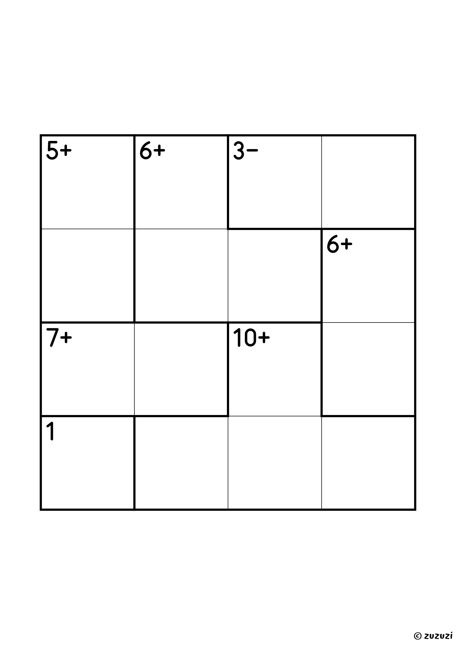Intermediate 4x4 calcudoku with addition and subtraction cages, outlined with thick lines, and no given numbers. Digits 1 to 4, one solution. Variant 2.
