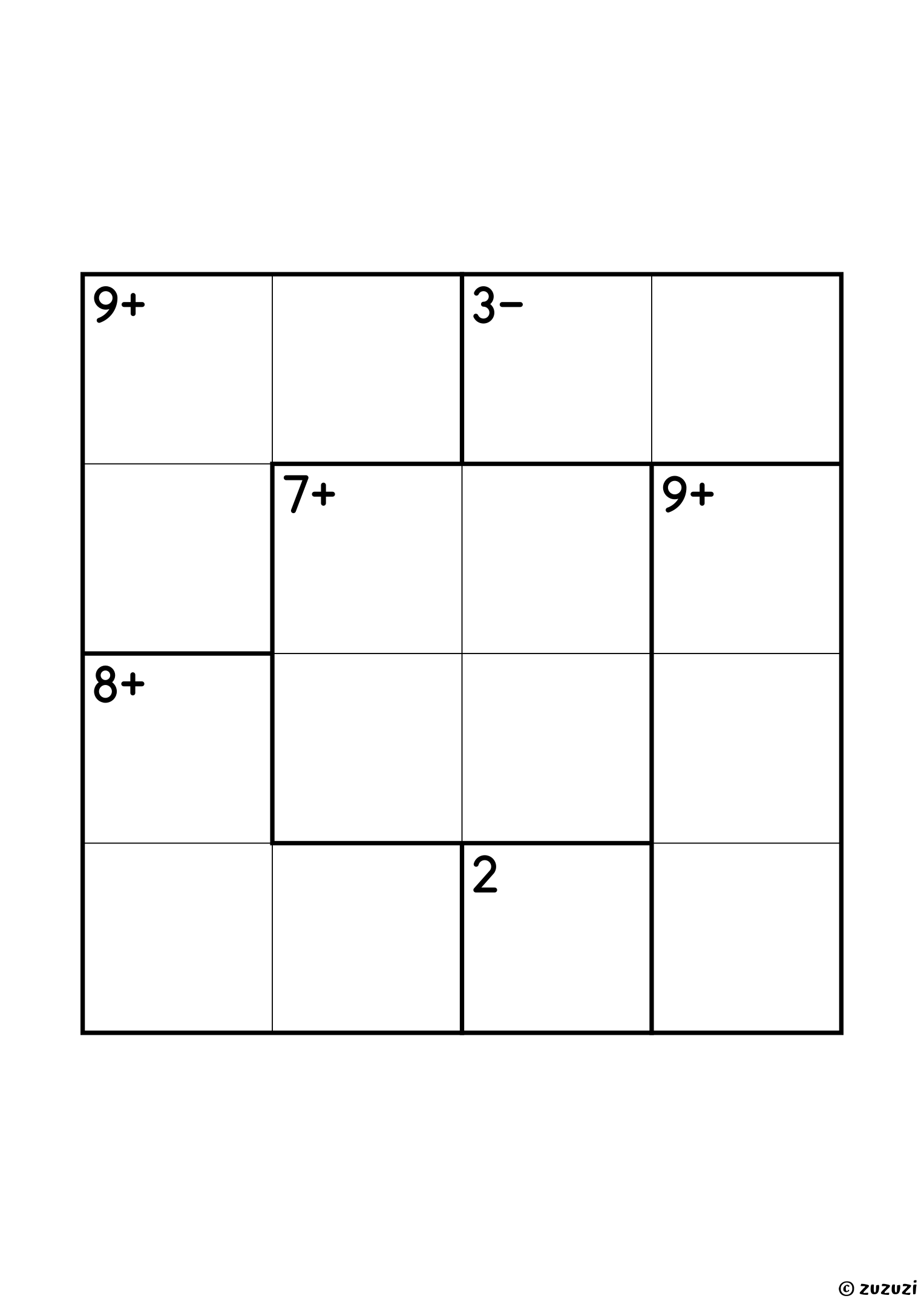Intermediate 4x4 calcudoku with addition and subtraction cages, outlined with thick lines, and no given numbers. Digits 1 to 4, one solution. Variant 3.