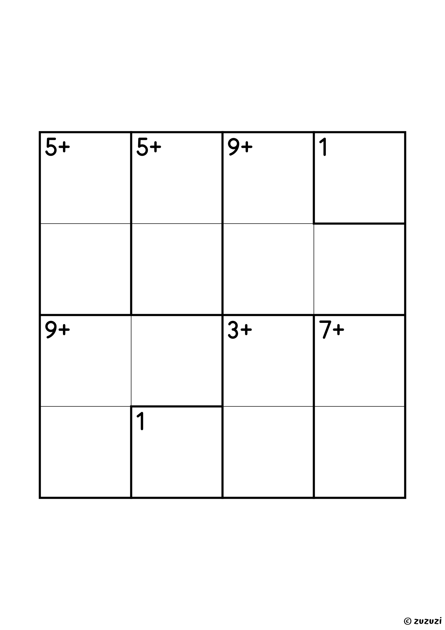 Beginner 4x4 calcudoku with addition cages only, outlined with thick lines, and no given numbers. Digits 1 to 4, one solution. Variant 1.