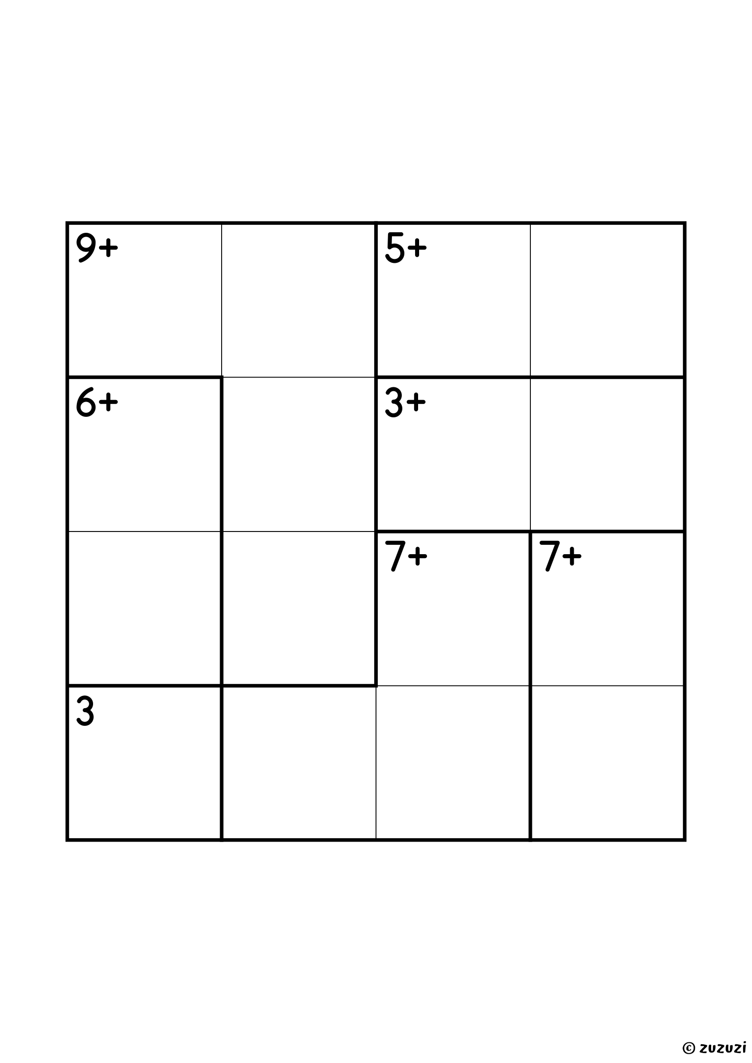 Beginner 4x4 calcudoku with addition cages only, outlined with thick lines, and no given numbers. Digits 1 to 4, one solution. Variant 2.