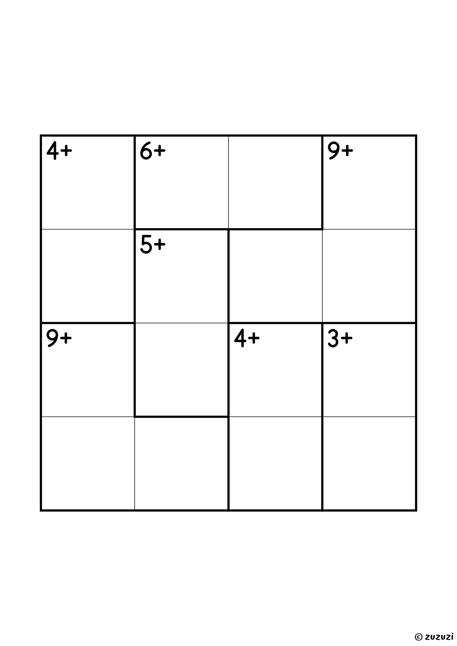 Beginner 4x4 calcudoku with addition cages only, outlined with thick lines, and no given numbers. Digits 1 to 4, one solution. Variant 3.