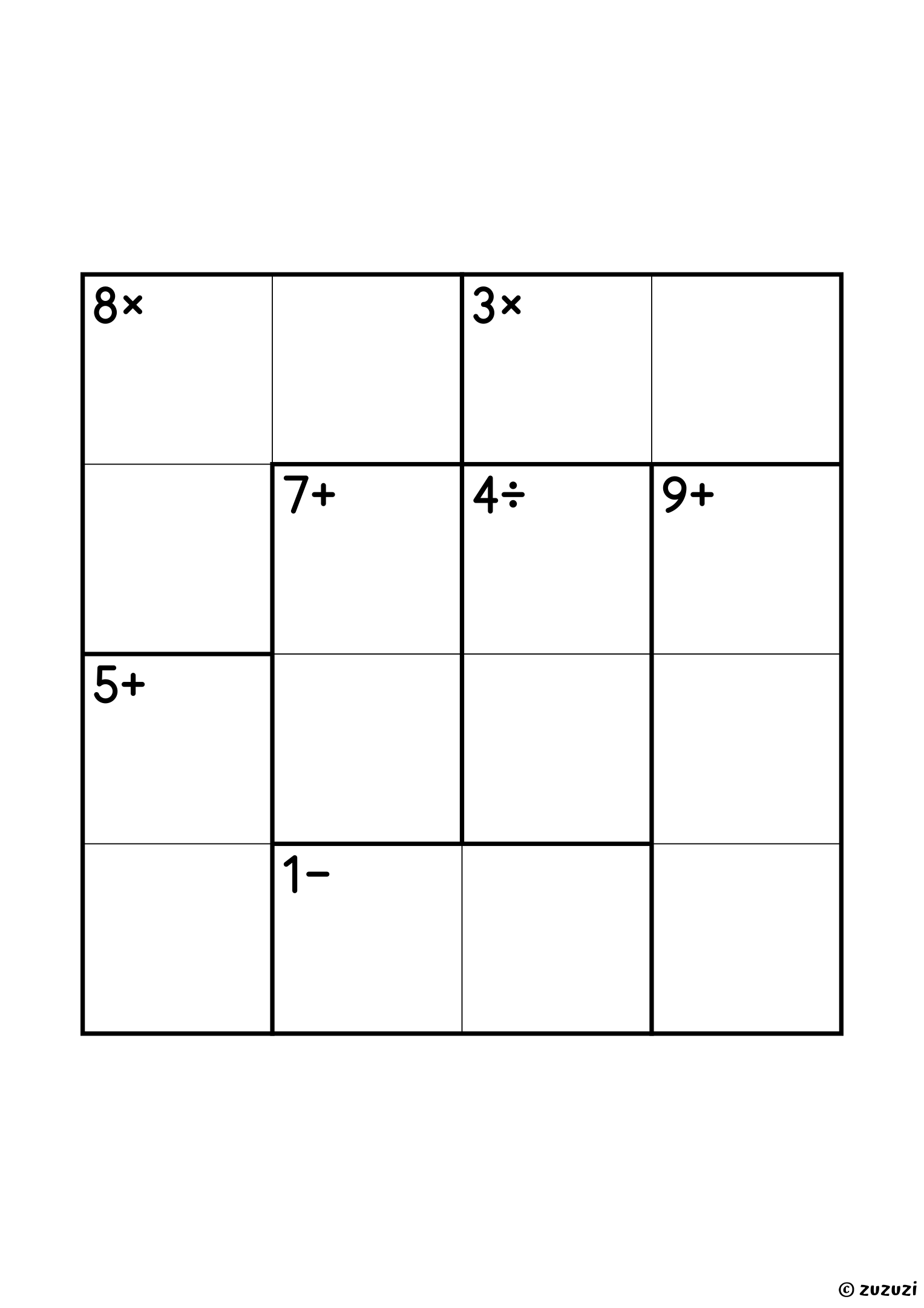 Advanced 4x4 calcudoku with addition, subtraction, multiplication, and division cages, outlined with thick lines, and no given numbers. Digits 1 to 4, one solution. Variant 1.