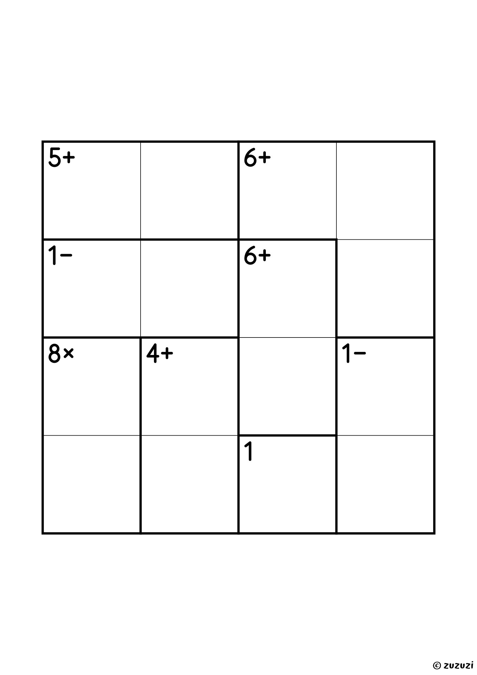 Advanced 4x4 calcudoku with addition, subtraction, multiplication, and division cages, outlined with thick lines, and no given numbers. Digits 1 to 4, one solution. Variant 2.