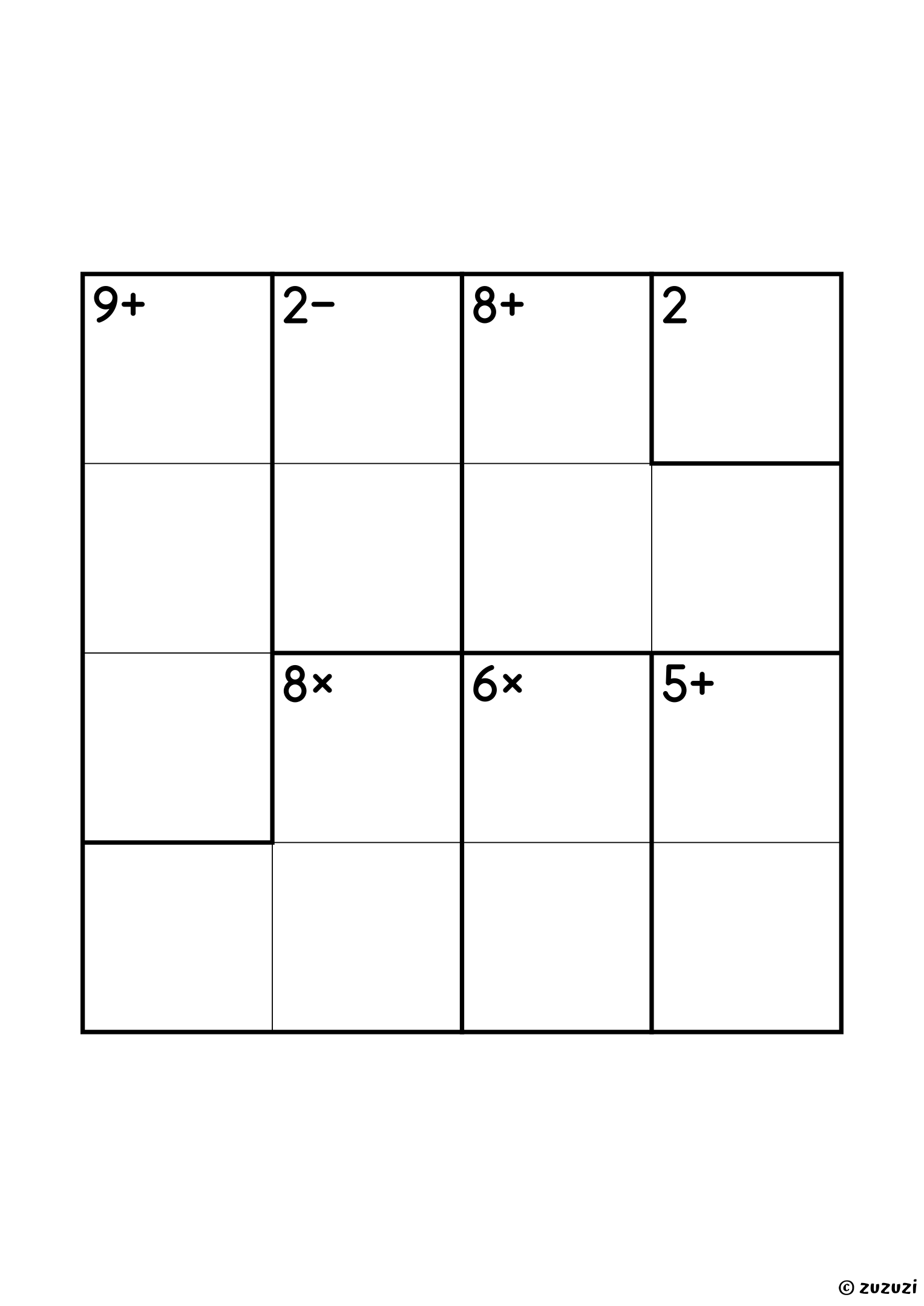 Advanced 4x4 calcudoku with addition, subtraction, multiplication, and division cages, outlined with thick lines, and no given numbers. Digits 1 to 4, one solution. Variant 3.