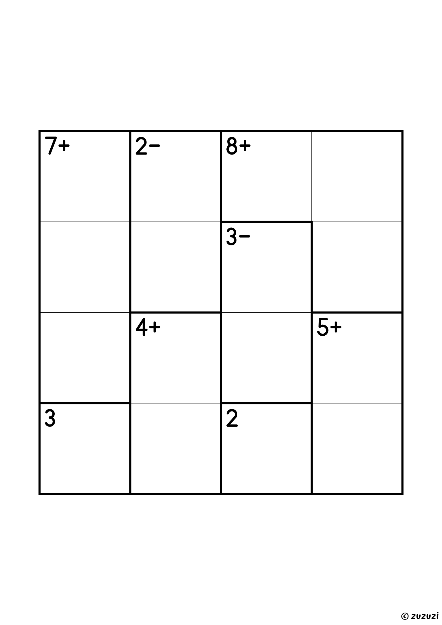 4x4 calcudoku with addition and subtraction, eight cages: two single cells (2 and 3), two subtraction cages (2− and 3−, the latter being 1 and 4), two addition pairs (4+ and 5+) and two three-cell cages (7+ and 8+). Addition and subtraction, puzzle 1 of 4.