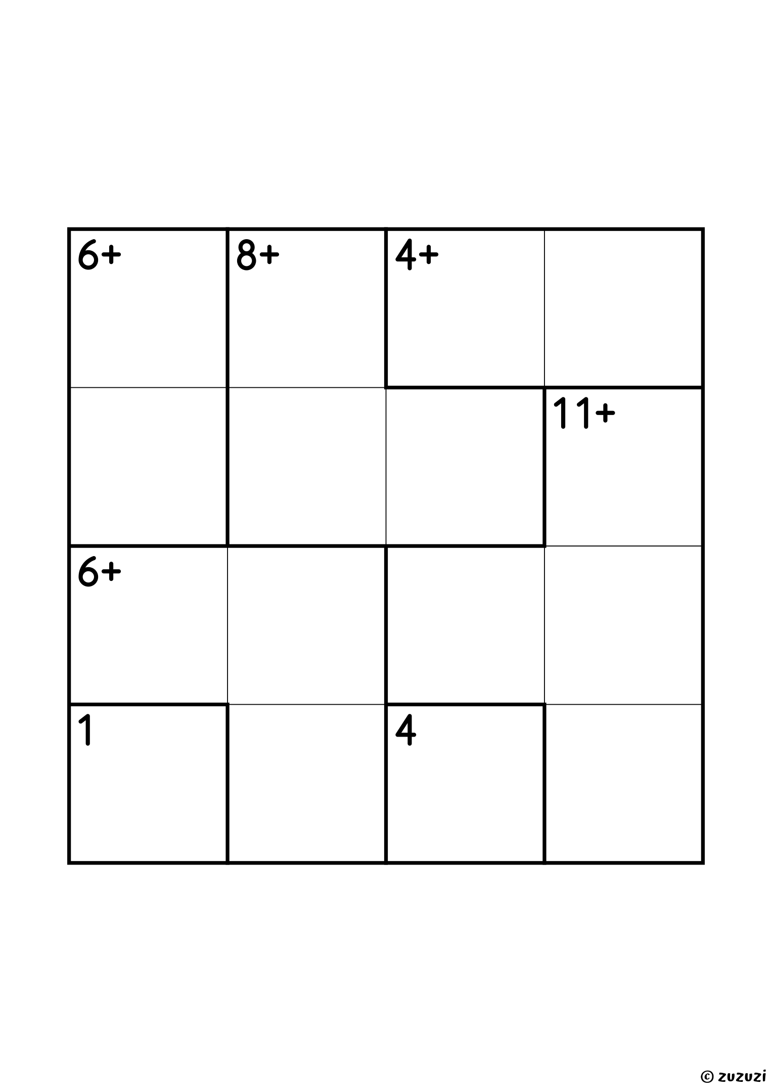 4x4 calcudoku with addition and subtraction, seven cages and, as it happens, not one subtraction sign: two single cells (1 and 4), two addition pairs (4+ and 6+), two three-cell cages (6+ and 8+) and a four-cell cage of 11+. Addition and subtraction, puzzle 2 of 4.