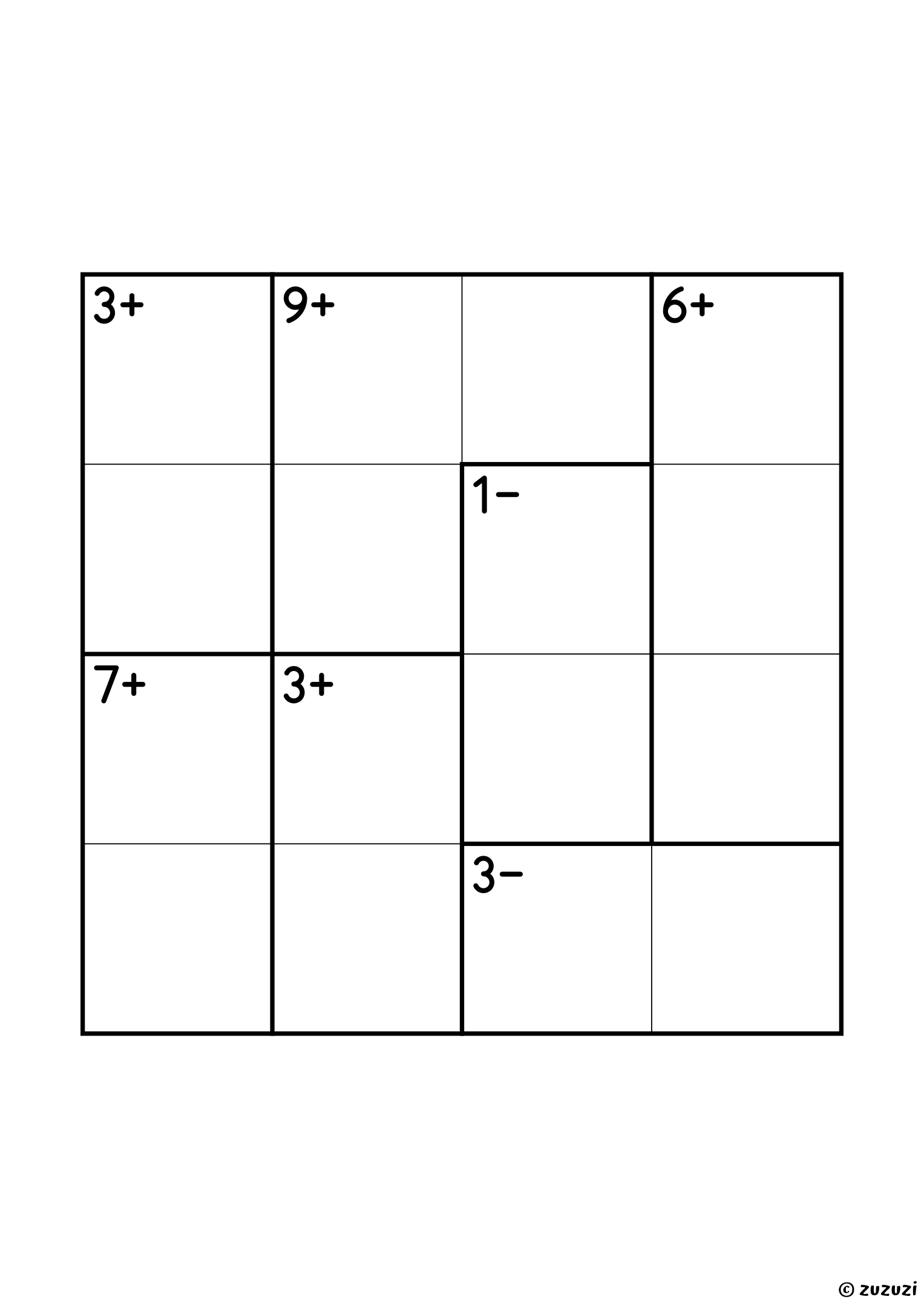 4x4 calcudoku with addition and subtraction, seven cages and no given digit: two subtraction pairs (1− and 3−), three addition pairs (3+, 3+ and 7+) and two three-cell cages (6+ and 9+, which is 2, 3 and 4). Addition and subtraction, puzzle 3 of 4.