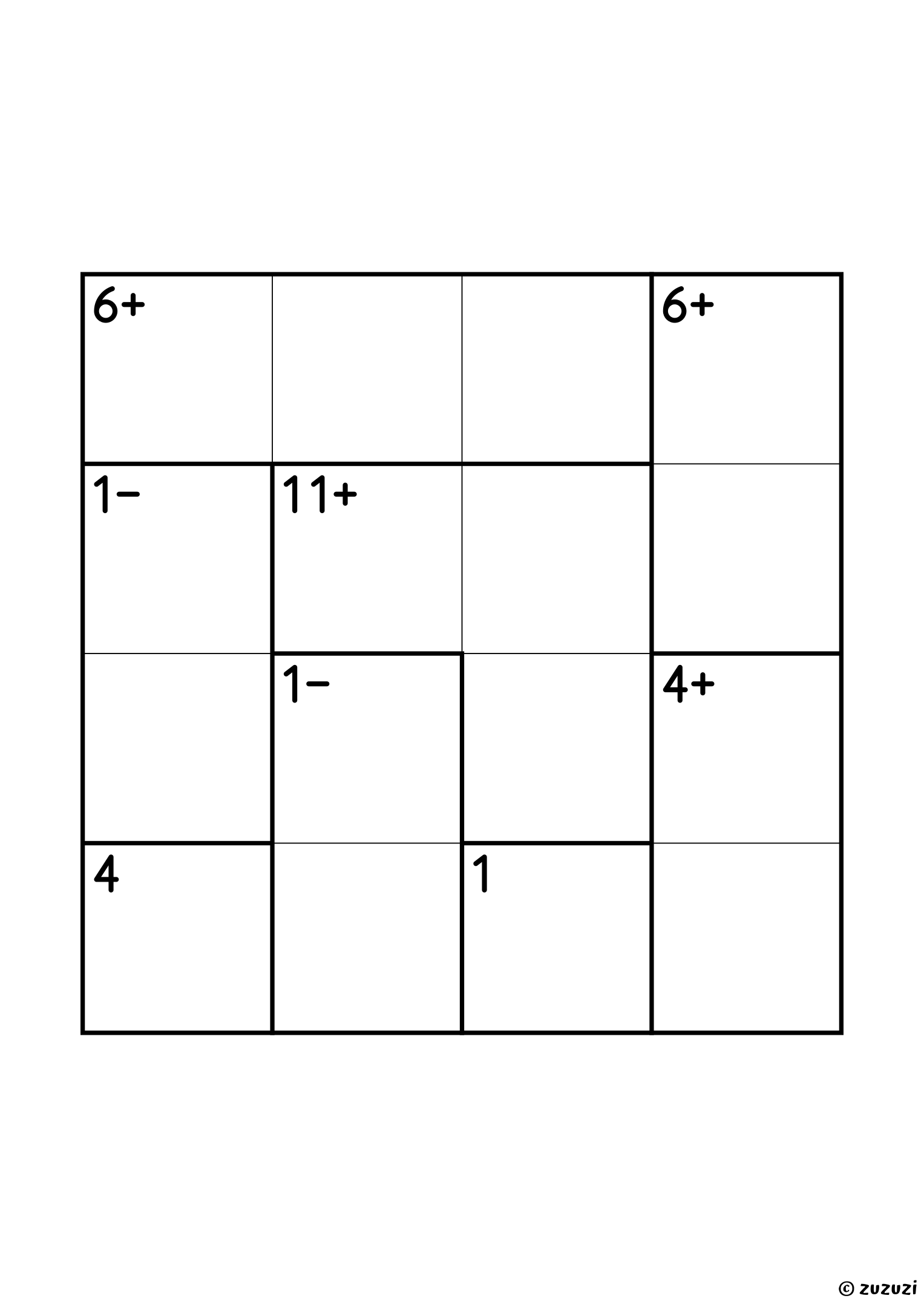 4x4 calcudoku with addition and subtraction, eight cages: two single cells (1 and 4), two subtraction pairs of 1−, two addition pairs (4+ and 6+) and two three-cell cages, 6+ and 11+, which must repeat a digit. Addition and subtraction, puzzle 4 of 4.