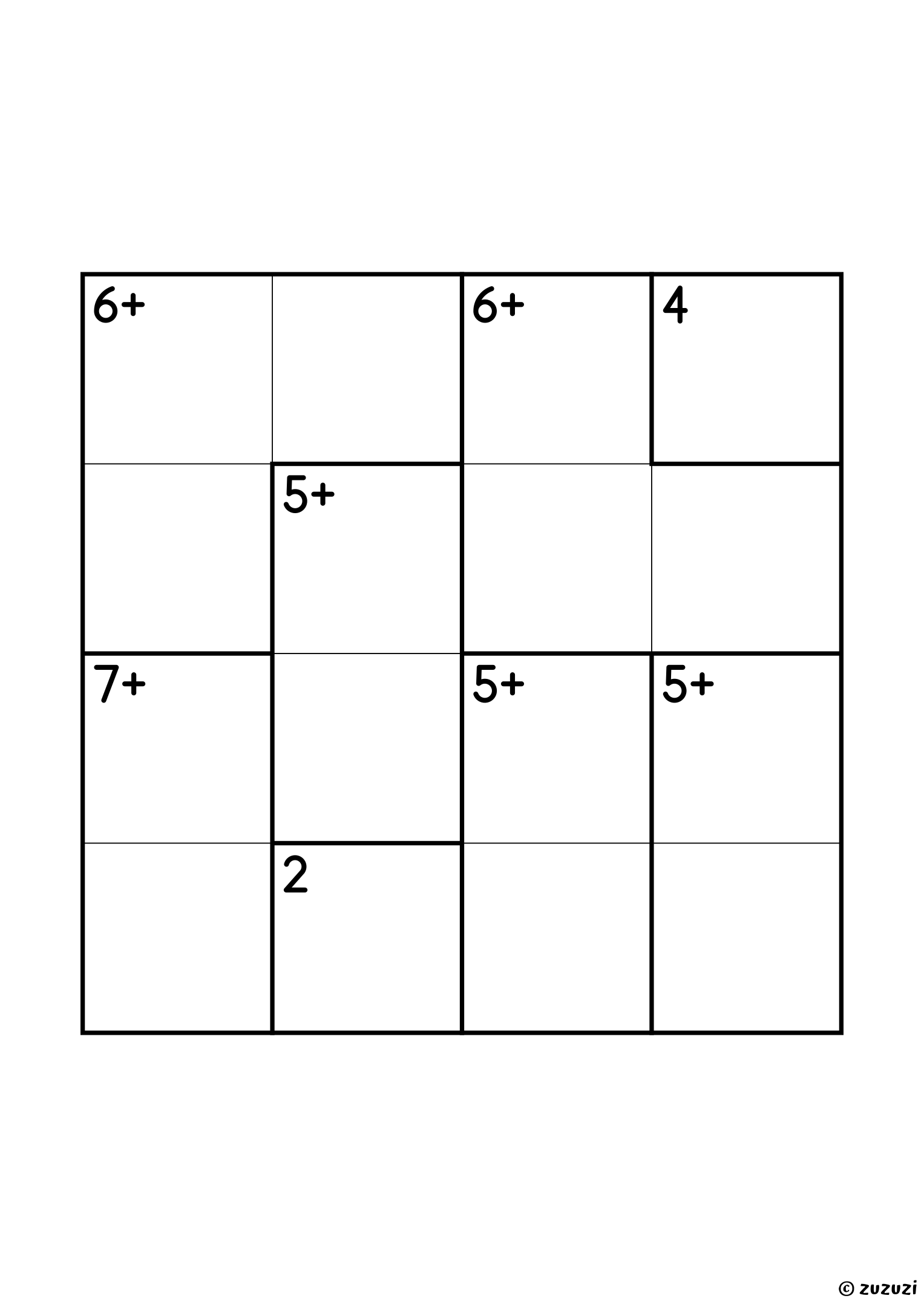 4x4 calcudoku with addition only and eight cages: two single cells (2 and 4), four two-cell cages (5+, 5+, 5+ and 7+, the last one being 3 and 4) and two three-cell cages of 6+ (1, 2 and 3). Addition, puzzle 1 of 4.