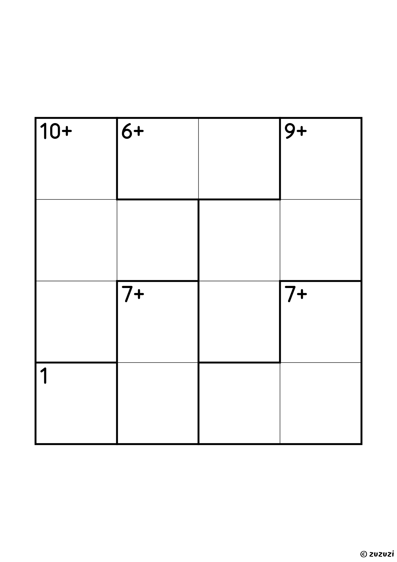 4x4 calcudoku with addition only and six cages: a single cell of 1, two two-cell cages (6+ and 7+), a three-cell cage of 7+ and two four-cell cages, 10+ (all four digits) and 9+. Addition, puzzle 2 of 4.