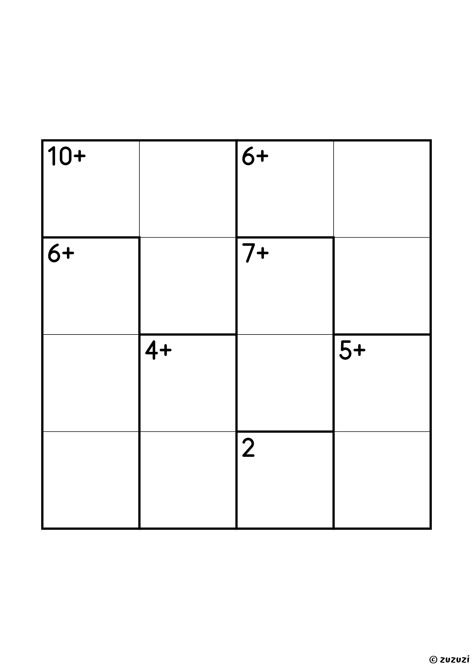 4x4 calcudoku with addition only and seven cages: a single cell of 2, three two-cell cages (4+, 5+ and 7+) and three three-cell cages, 6+, 6+ and 10+, which must repeat a digit, so it bends around a corner. Addition, puzzle 3 of 4.