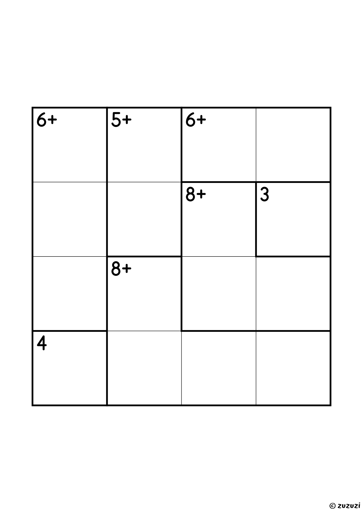 4x4 calcudoku with addition only and seven cages: two single cells (3 and 4), two two-cell cages (5+ and 6+), two three-cell cages (6+, which is 1, 2 and 3, and 8+) and a four-cell cage of 8+. Addition, puzzle 4 of 4.