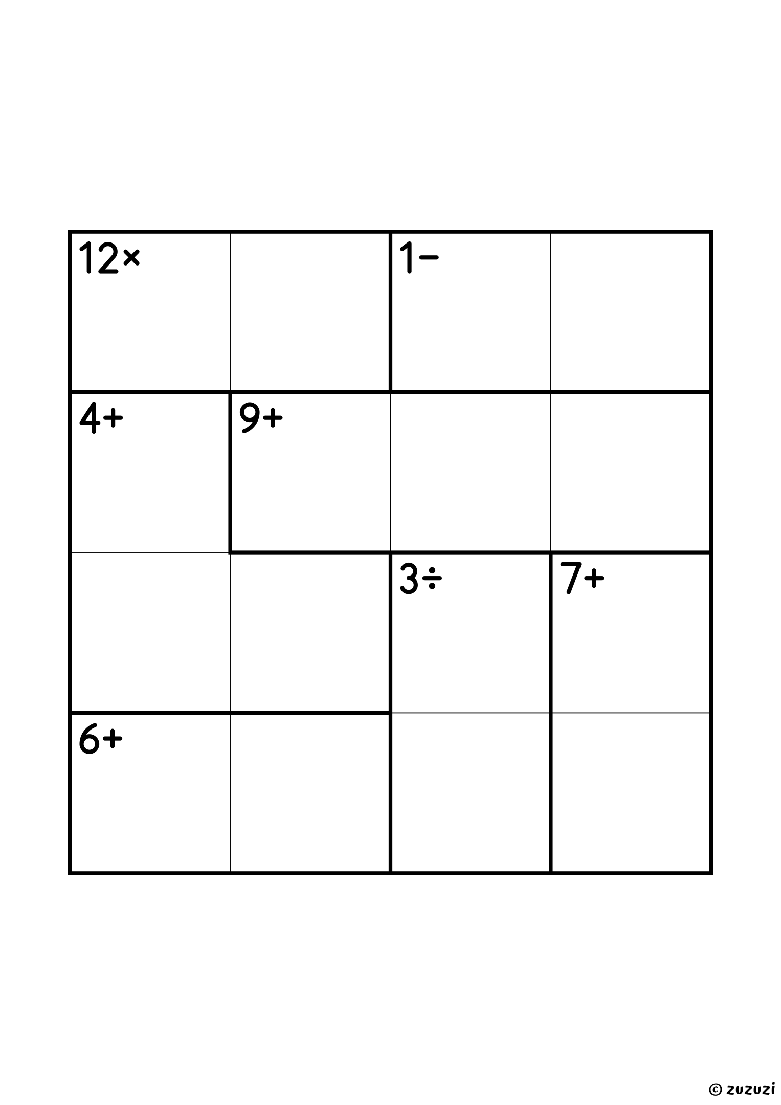4x4 calcudoku with all four operations, seven cages: 1−, 12× (3 and 4), 3÷ (1 and 3), 6+ and 7+ pairs, and two three-cell cages, 4+ (1, 1 and 2, bent around a corner) and 9+. All operations, puzzle 1 of 4.