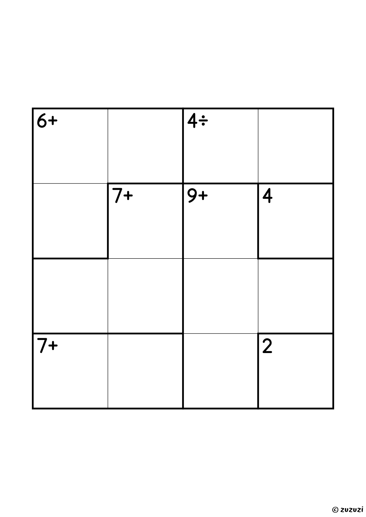 4x4 calcudoku with all four operations, seven cages: two single cells (2 and 4), a 4÷ pair (1 and 4), a 7+ pair, two three-cell cages (6+ and 7+) and a four-cell cage of 9+. All operations, puzzle 2 of 4.