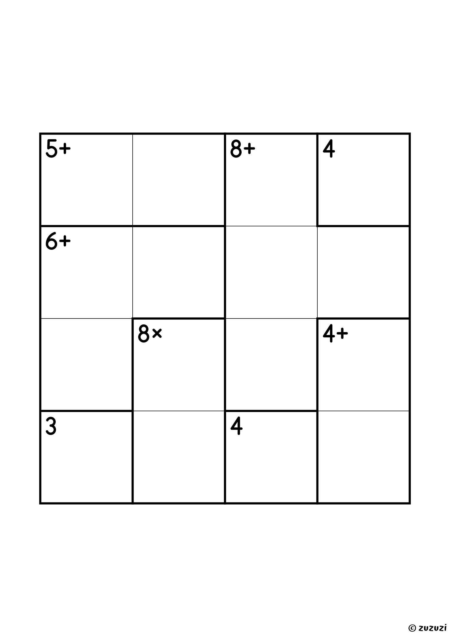 4x4 calcudoku with all four operations, eight cages: three single cells (3, 4 and 4), an 8× pair (2 and 4), two addition pairs (4+ and 5+), a three-cell 6+ and a four-cell 8+. All operations, puzzle 3 of 4.