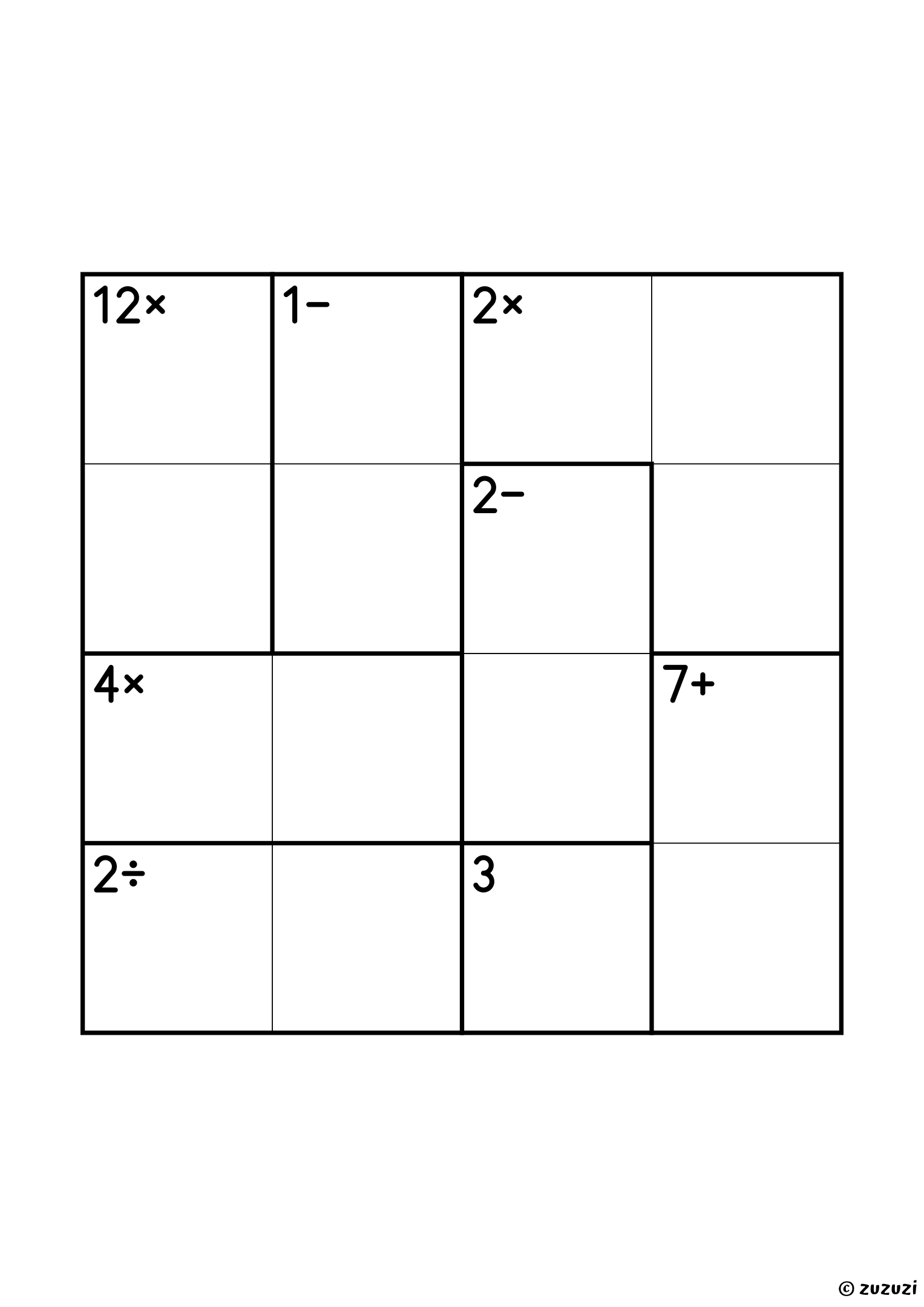 4x4 calcudoku with all four operations, eight cages: a single cell of 3, two subtraction pairs (1− and 2−), two products (4× and 12×), a 2÷ pair, a 7+ pair, and a three-cell 2× that can only be 1, 1 and 2. All operations, puzzle 4 of 4.