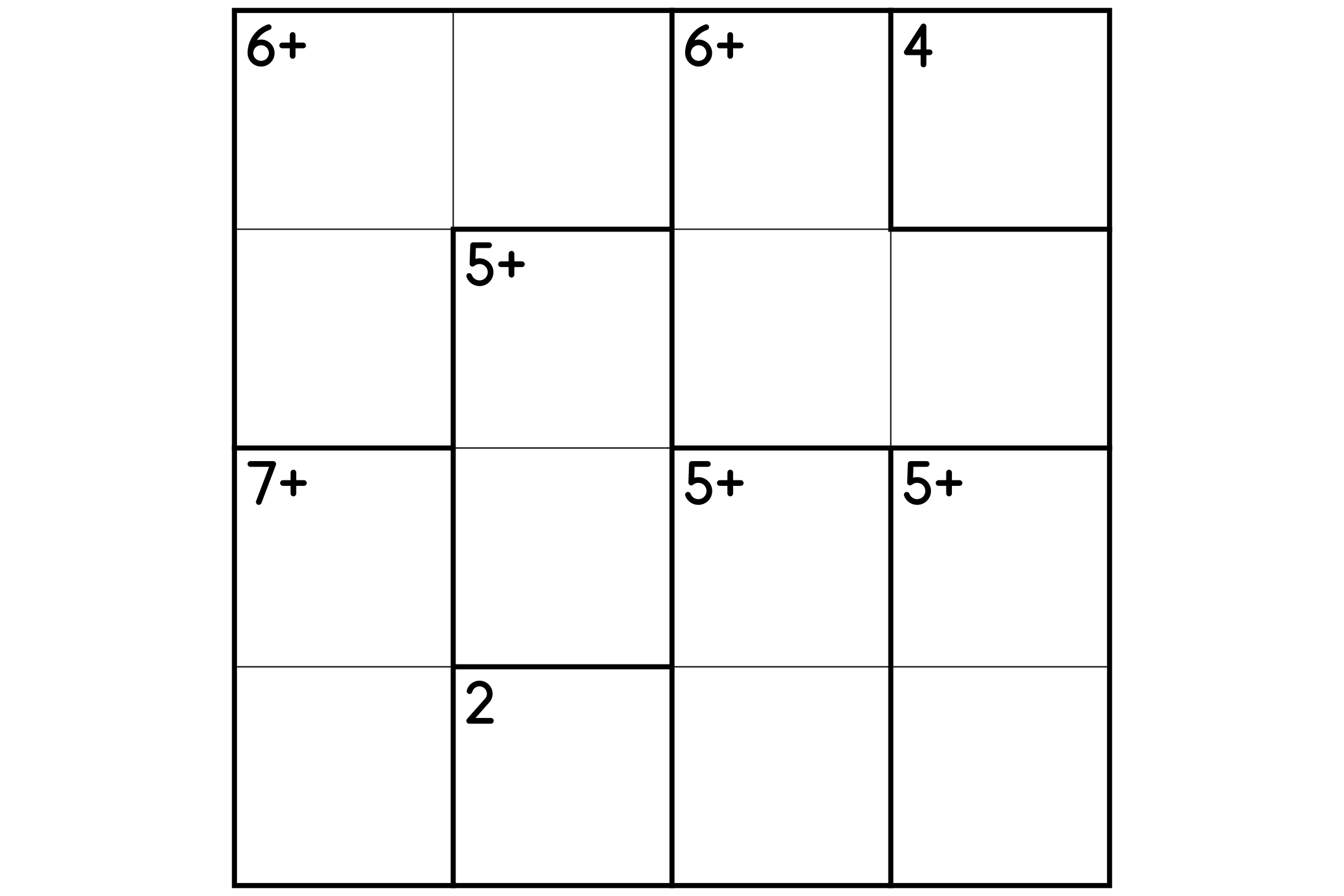 A 4x4 calcudoku grid with thick-lined cages, each with a target number and an operation sign, in black and white.